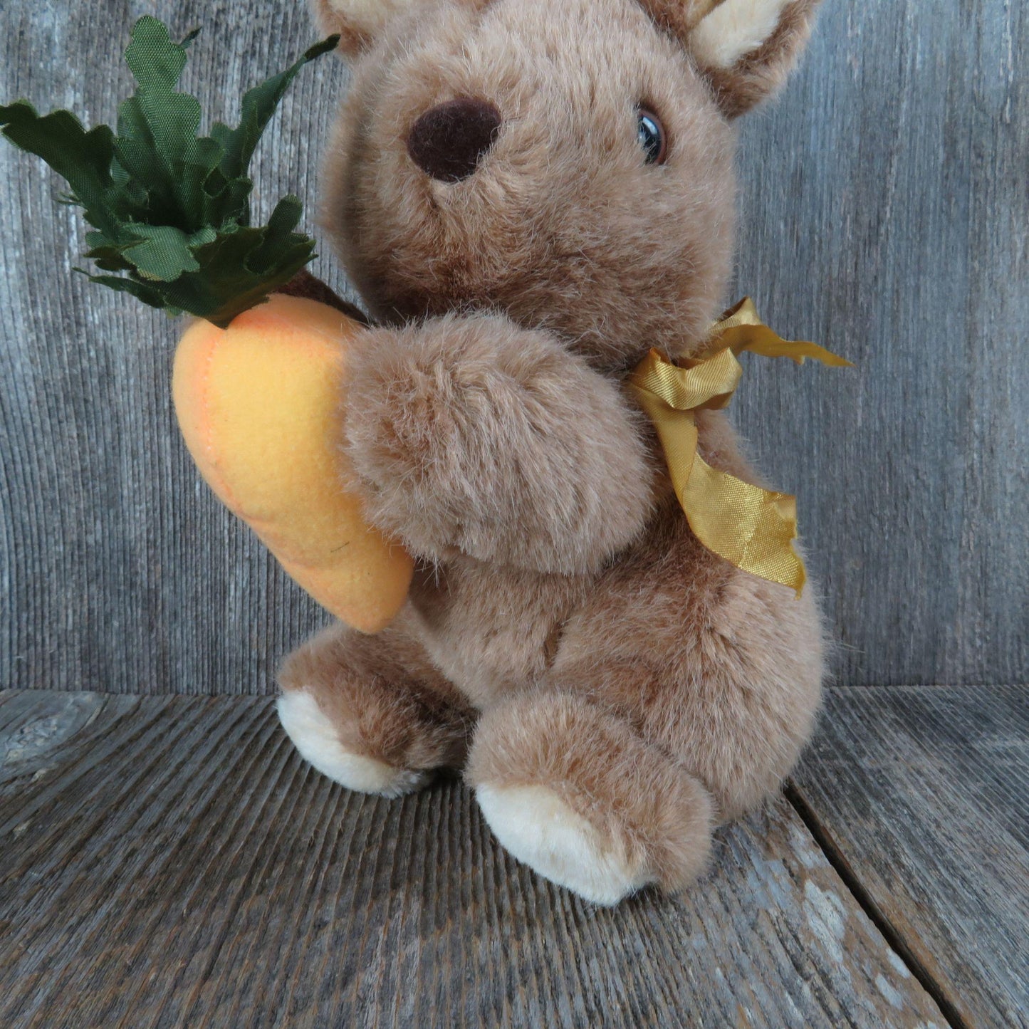 Vintage Bunny Rabbit With Carrot Plush Stuffed Animal Brown Flocked Nose Easter Basket Toy Doll