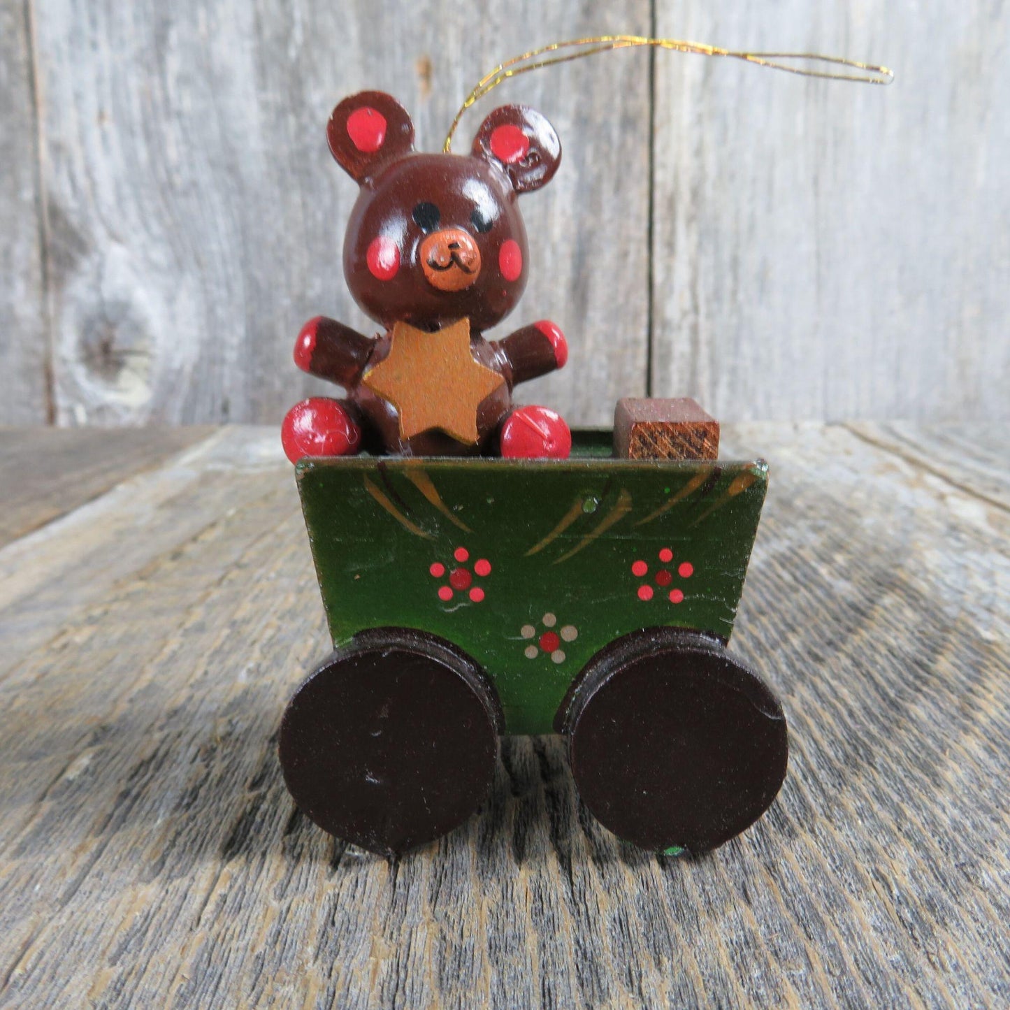 Vintage Wooden Teddy Bear In Wagon Ornament Wood Christmas Green Brush Gift Star Russ Taiwan