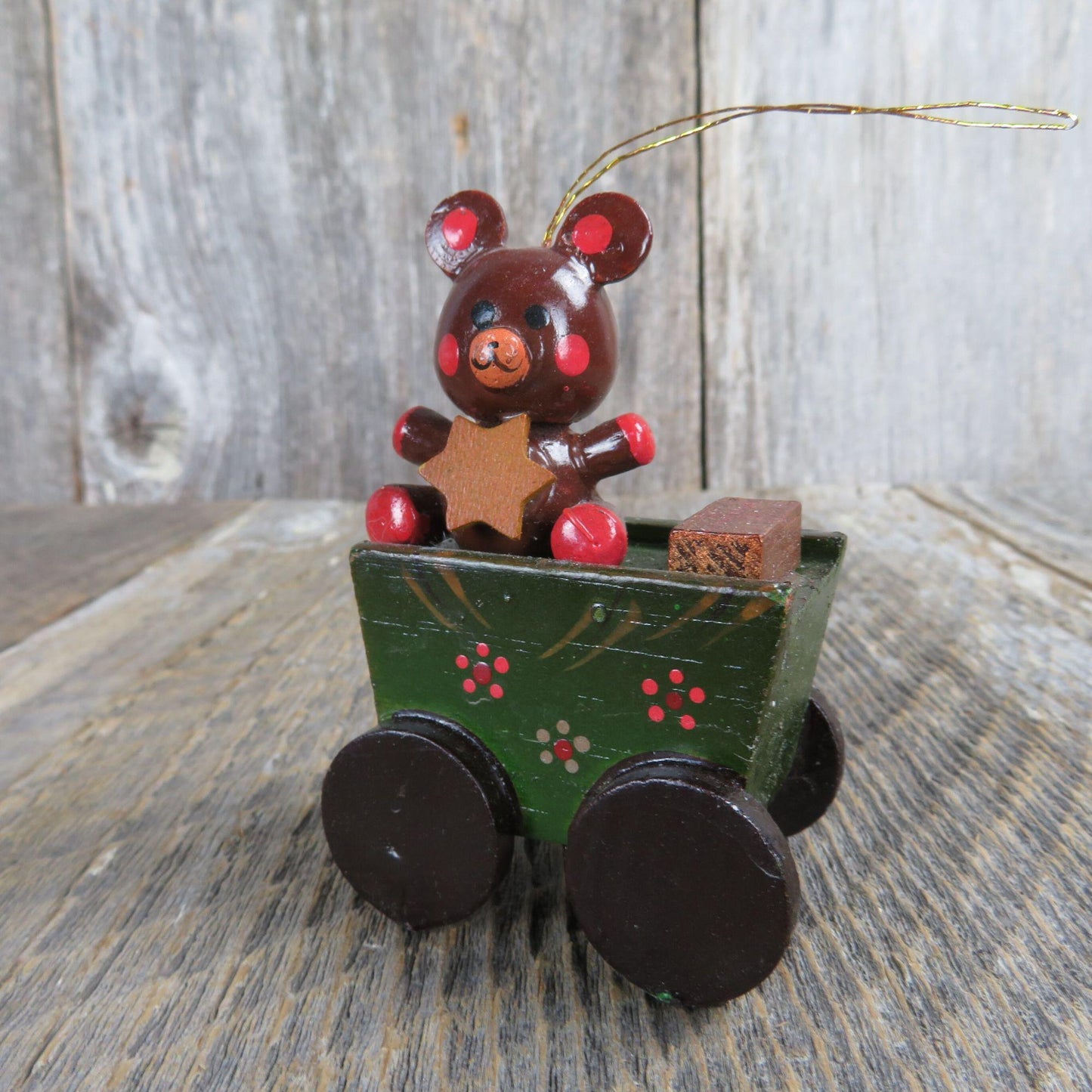 Vintage Wooden Teddy Bear In Wagon Ornament Wood Christmas Green Brush Gift Star Russ Taiwan