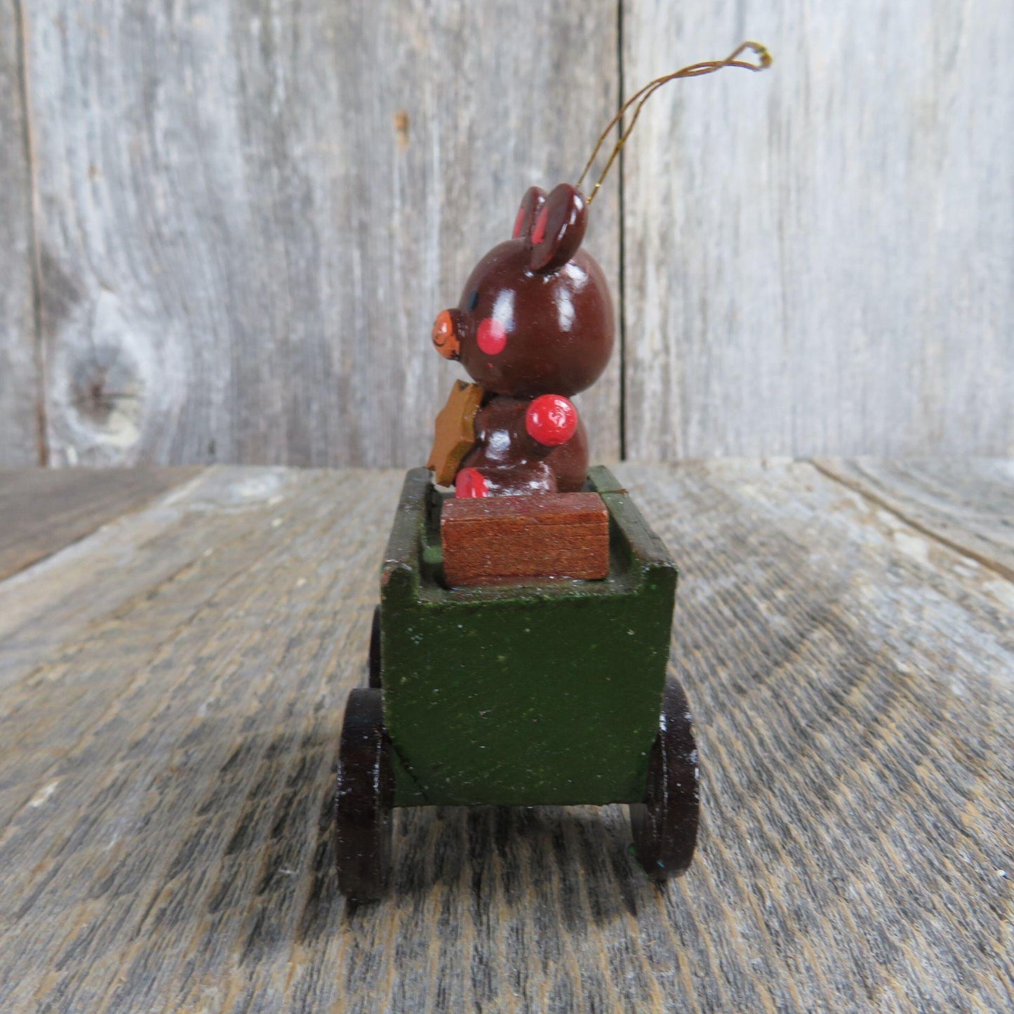 Vintage Wooden Teddy Bear In Wagon Ornament Wood Christmas Green Brush Gift Star Russ Taiwan