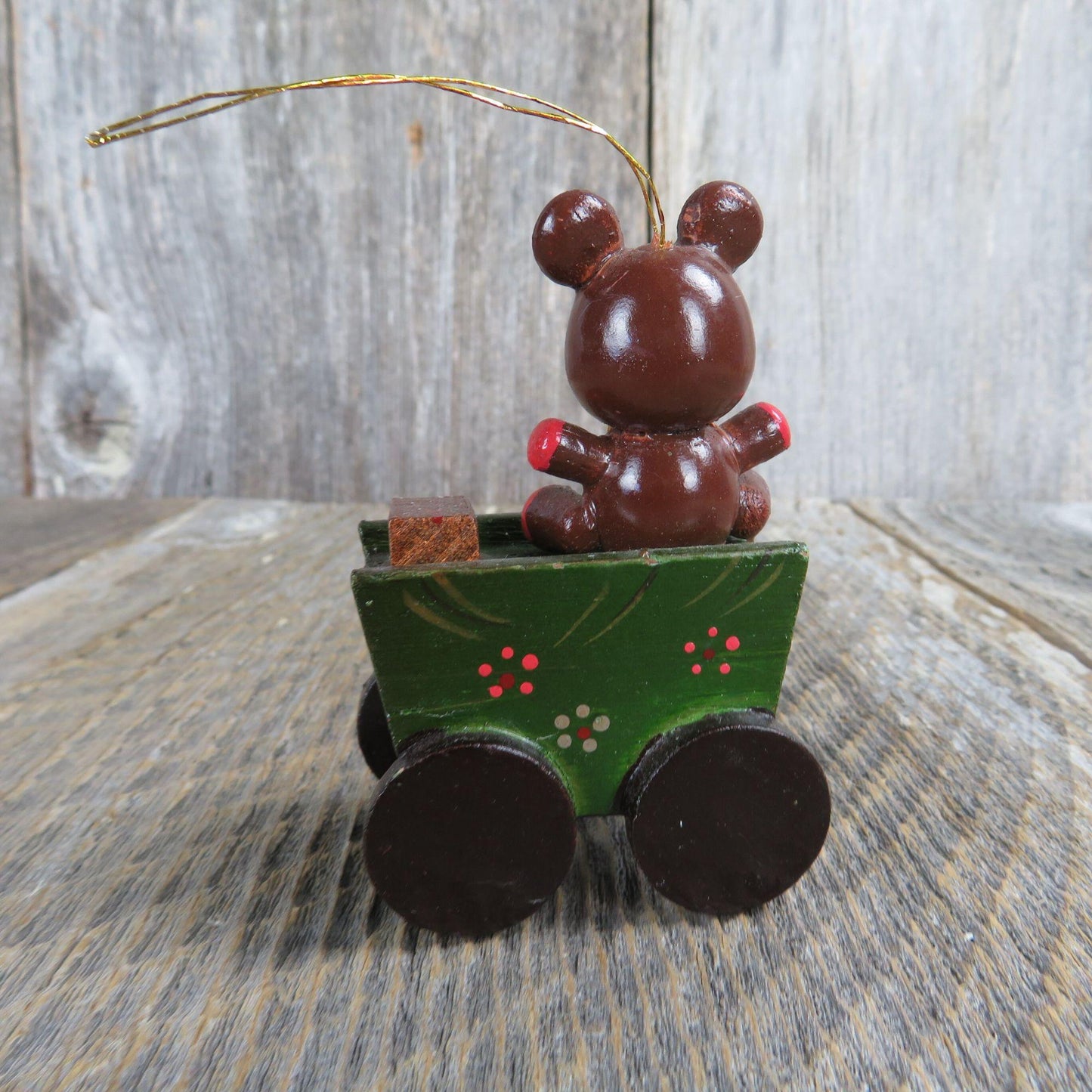 Vintage Wooden Teddy Bear In Wagon Ornament Wood Christmas Green Brush Gift Star Russ Taiwan