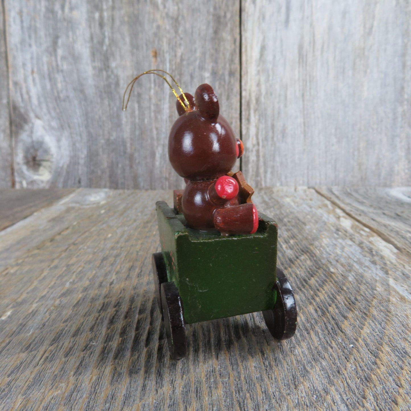 Vintage Wooden Teddy Bear In Wagon Ornament Wood Christmas Green Brush Gift Star Russ Taiwan