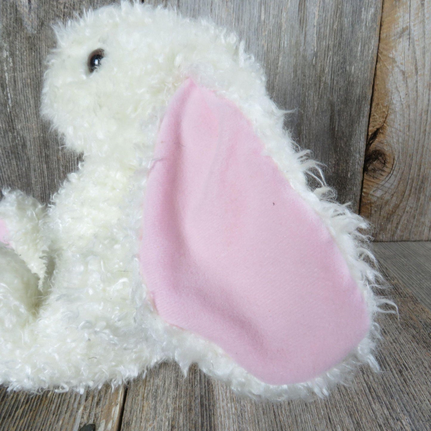 Vintage Bunny Rabbit Plush Curly Fur Pink Ears Paws Mervyn's Easter Hare White Stuffed Animal