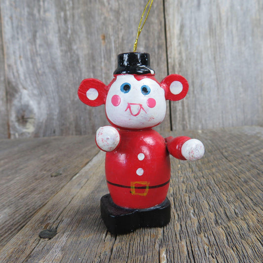 Vintage Wood Monkey Clown Ornament Mouse Wooden Christmas Hat Big Ears Tree Red