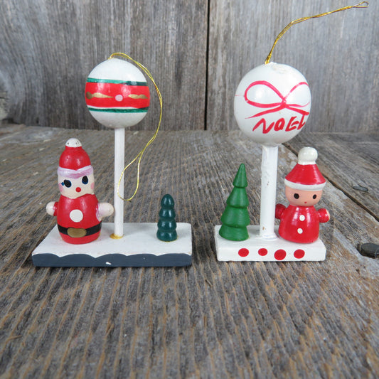 Vintage Santa Claus with Balloon and Tree Wood Ornament Christmas Wooden Scene Figurine Village