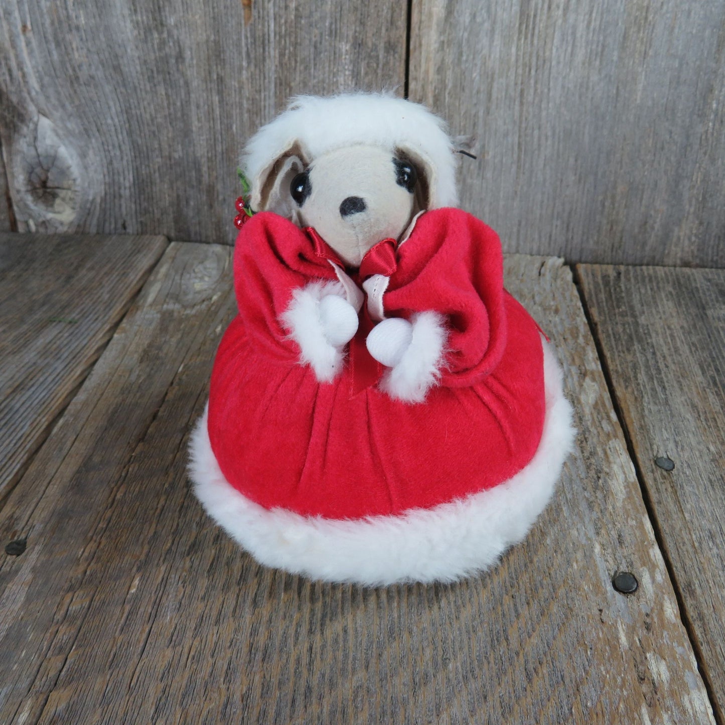 Vintage Christmas Mouse Plush Decoration Mrs Claus Red Dress Felt Body Stuffed Animal