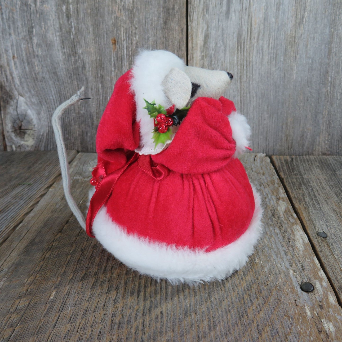 Vintage Christmas Mouse Plush Decoration Mrs Claus Red Dress Felt Body Stuffed Animal