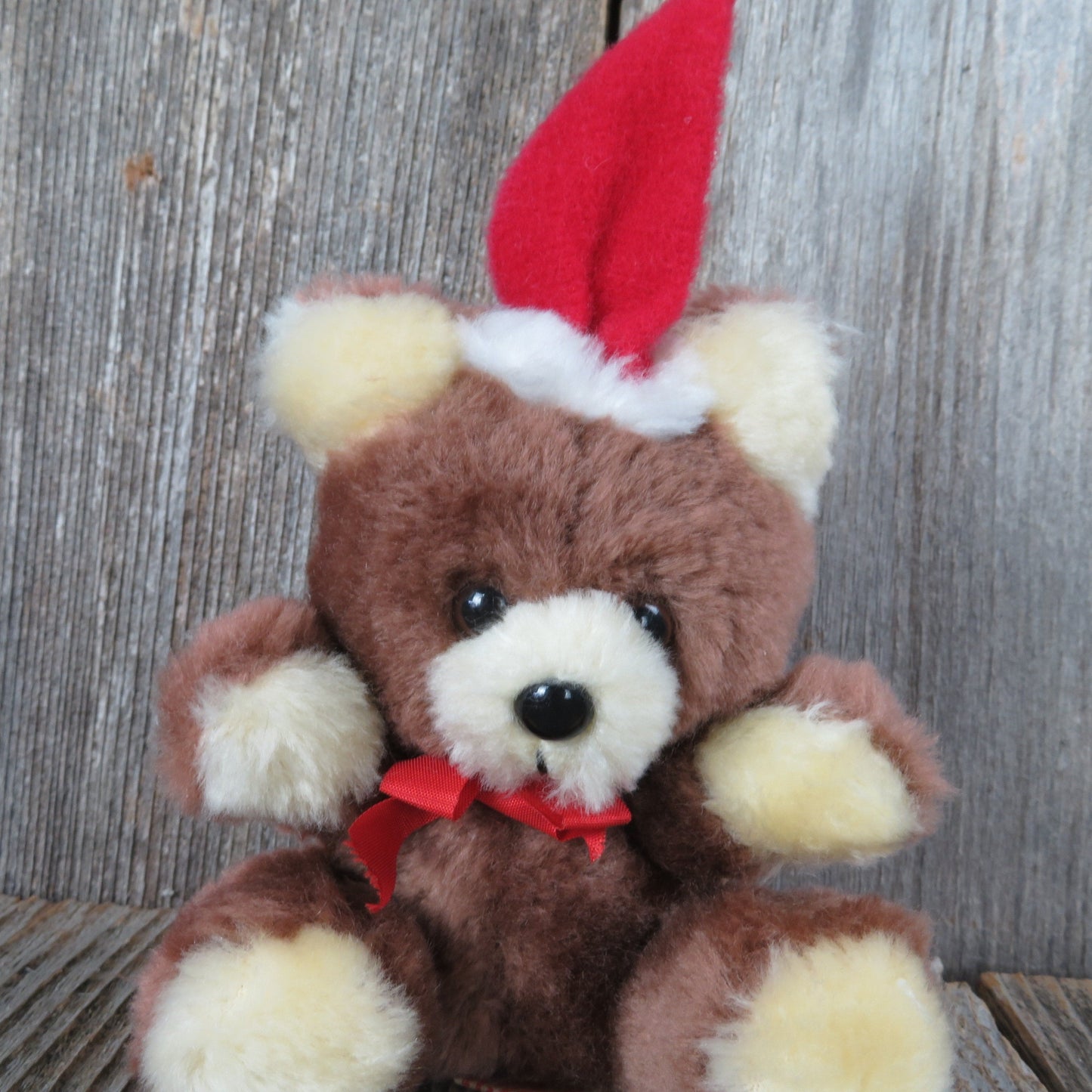 Vintage Teddy Bear Plush Red Santa Hat Christmas Mini Russ Brown Tan Stuffed Animal Made in Korea Item 243