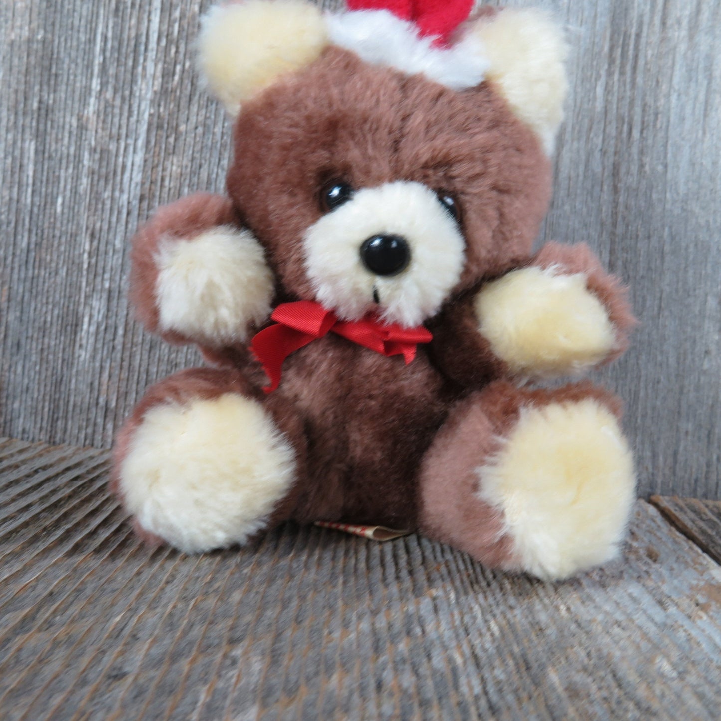 Vintage Teddy Bear Plush Red Santa Hat Christmas Mini Russ Brown Tan Stuffed Animal Made in Korea Item 243