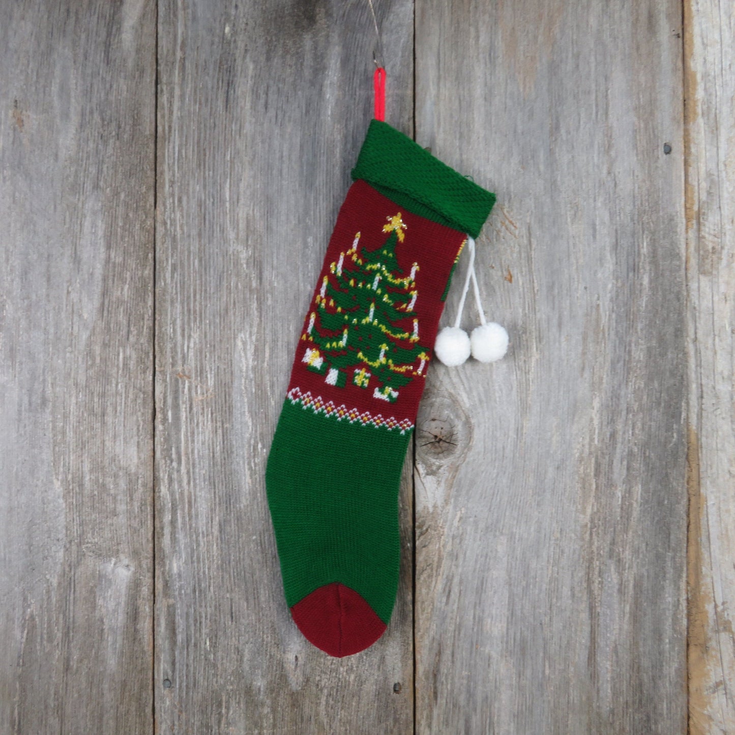 Vintage Knit Christmas Tree Stocking Candles Knitted Red Green Tree Design Pom Pom Knitted 1980s