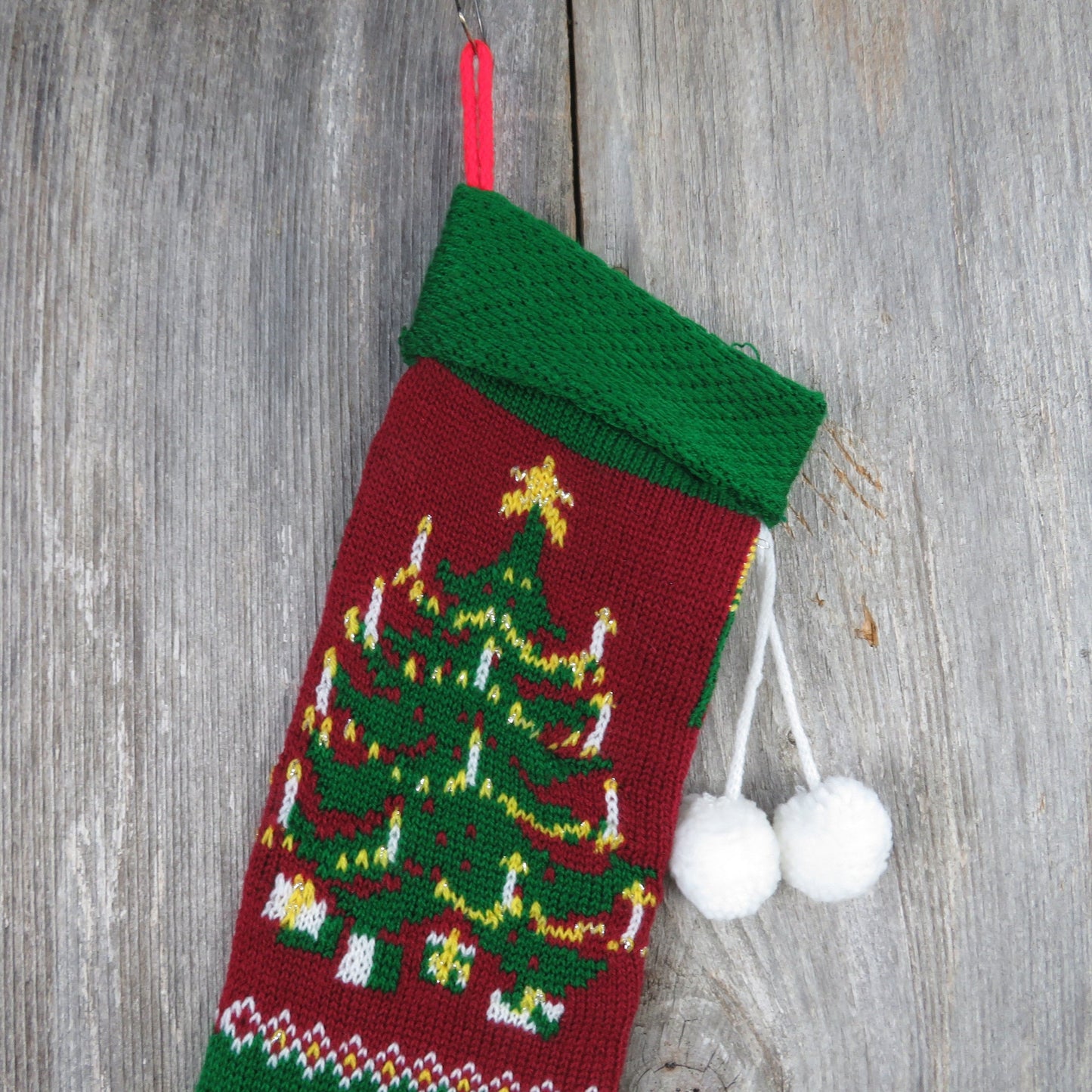 Vintage Knit Christmas Tree Stocking Candles Knitted Red Green Tree Design Pom Pom Knitted 1980s