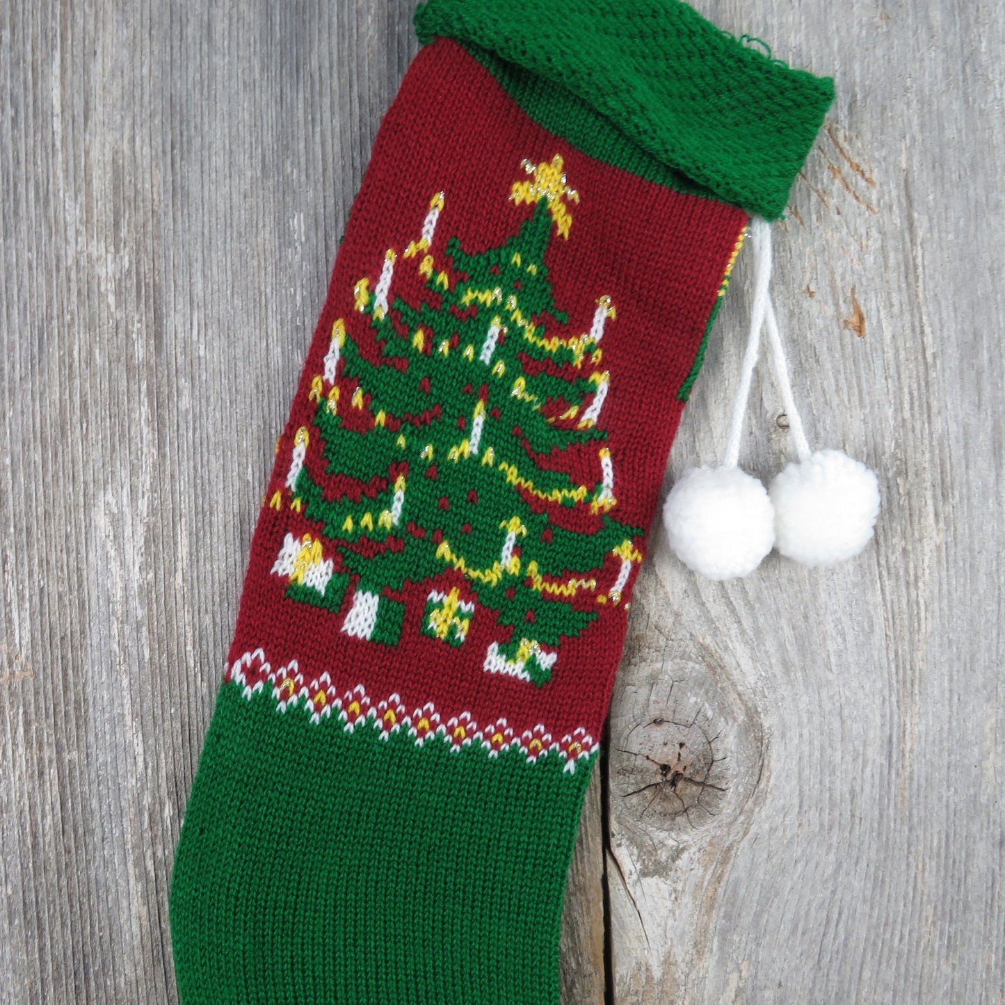 Vintage Knit Christmas Tree Stocking Candles Knitted Red Green Tree Design Pom Pom Knitted 1980s