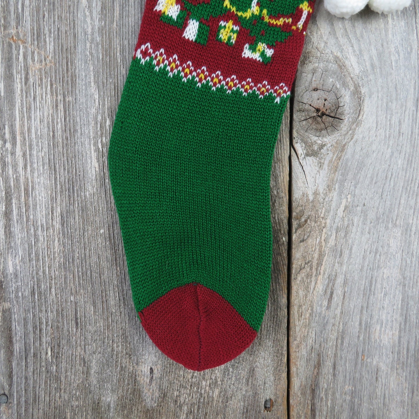 Vintage Knit Christmas Tree Stocking Candles Knitted Red Green Tree Design Pom Pom Knitted 1980s