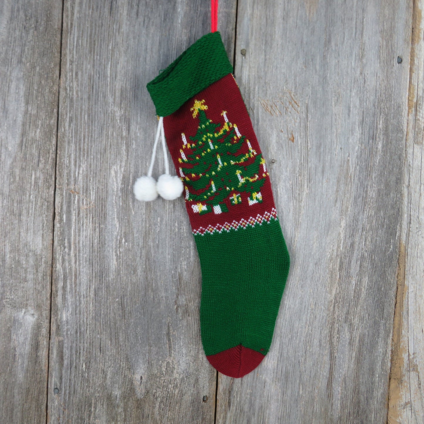 Vintage Knit Christmas Tree Stocking Candles Knitted Red Green Tree Design Pom Pom Knitted 1980s