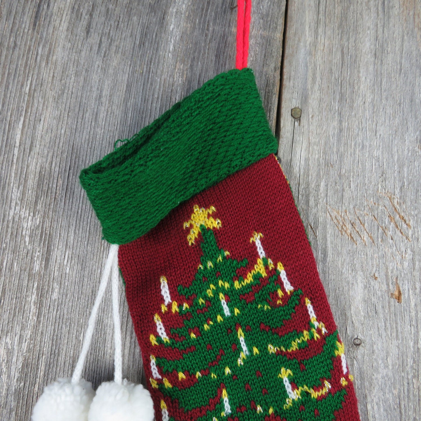 Vintage Knit Christmas Tree Stocking Candles Knitted Red Green Tree Design Pom Pom Knitted 1980s