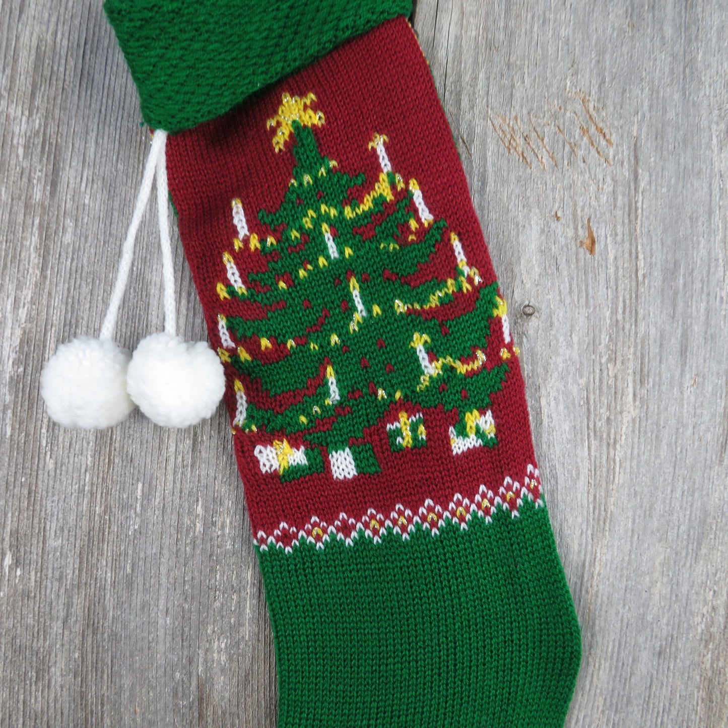 Vintage Knit Christmas Tree Stocking Candles Knitted Red Green Tree Design Pom Pom Knitted 1980s