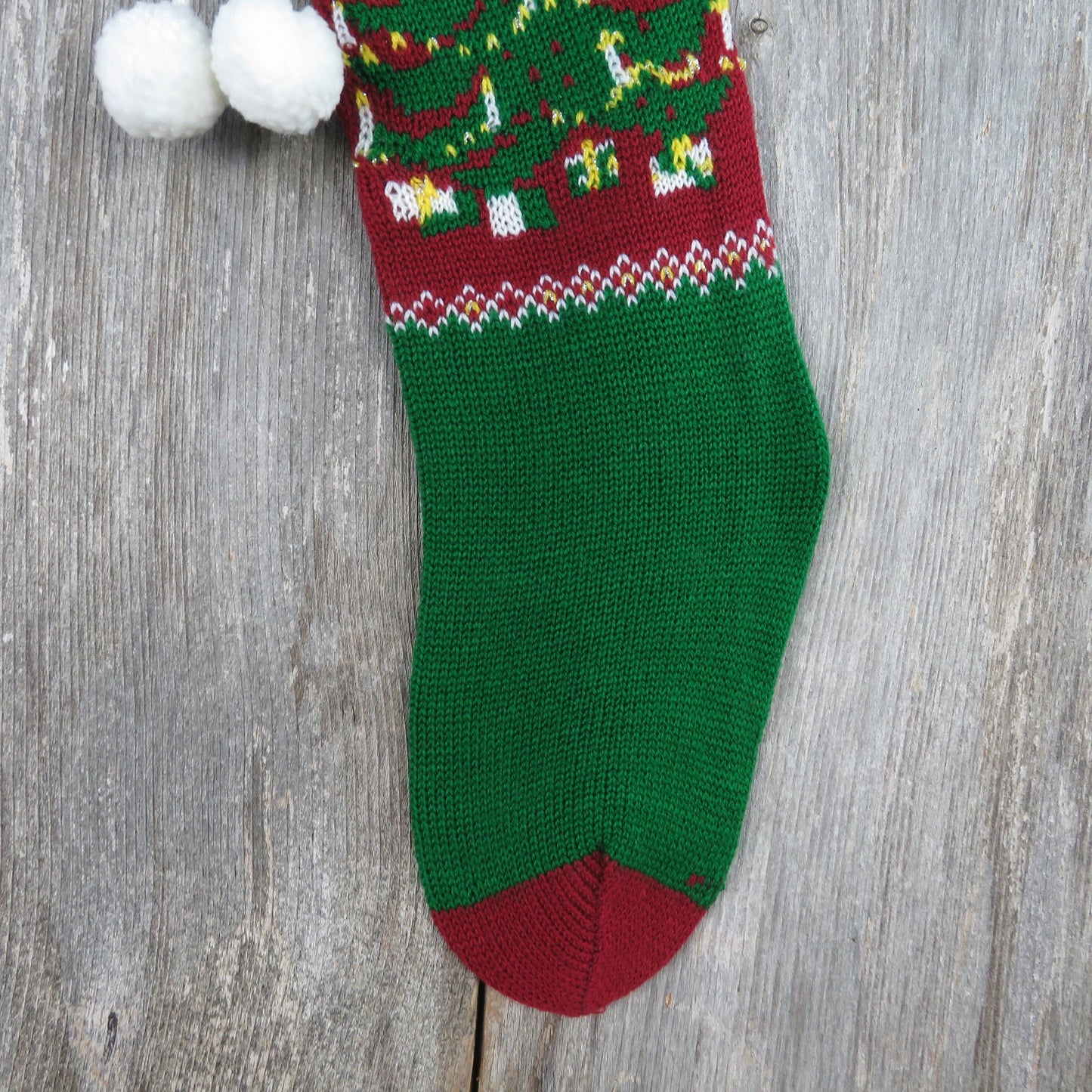 Vintage Knit Christmas Tree Stocking Candles Knitted Red Green Tree Design Pom Pom Knitted 1980s