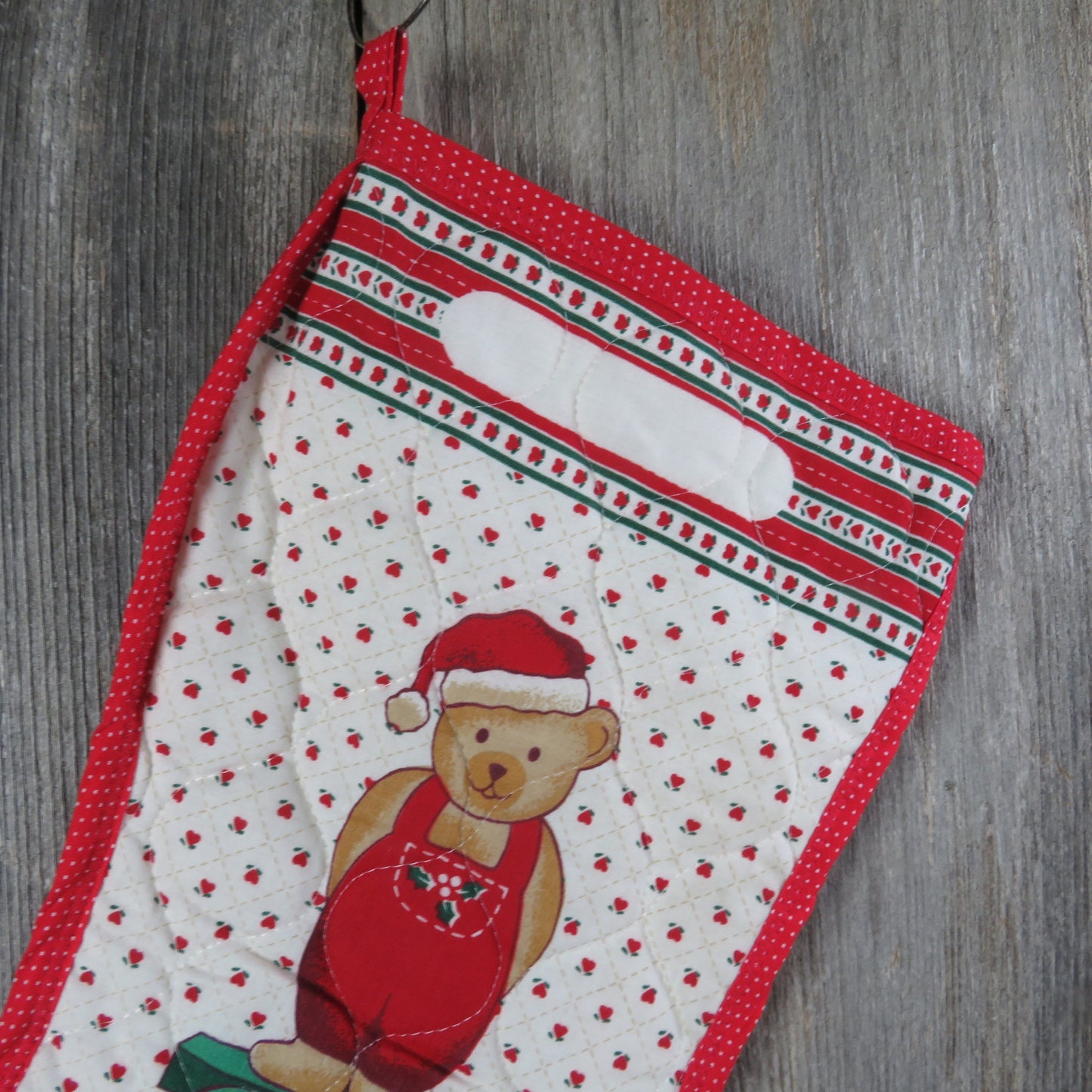 Vintage Teddy Bear on a Wagon Christmas Stocking Quilted Handmade Hearts Holly Fabric Red Green Cloth