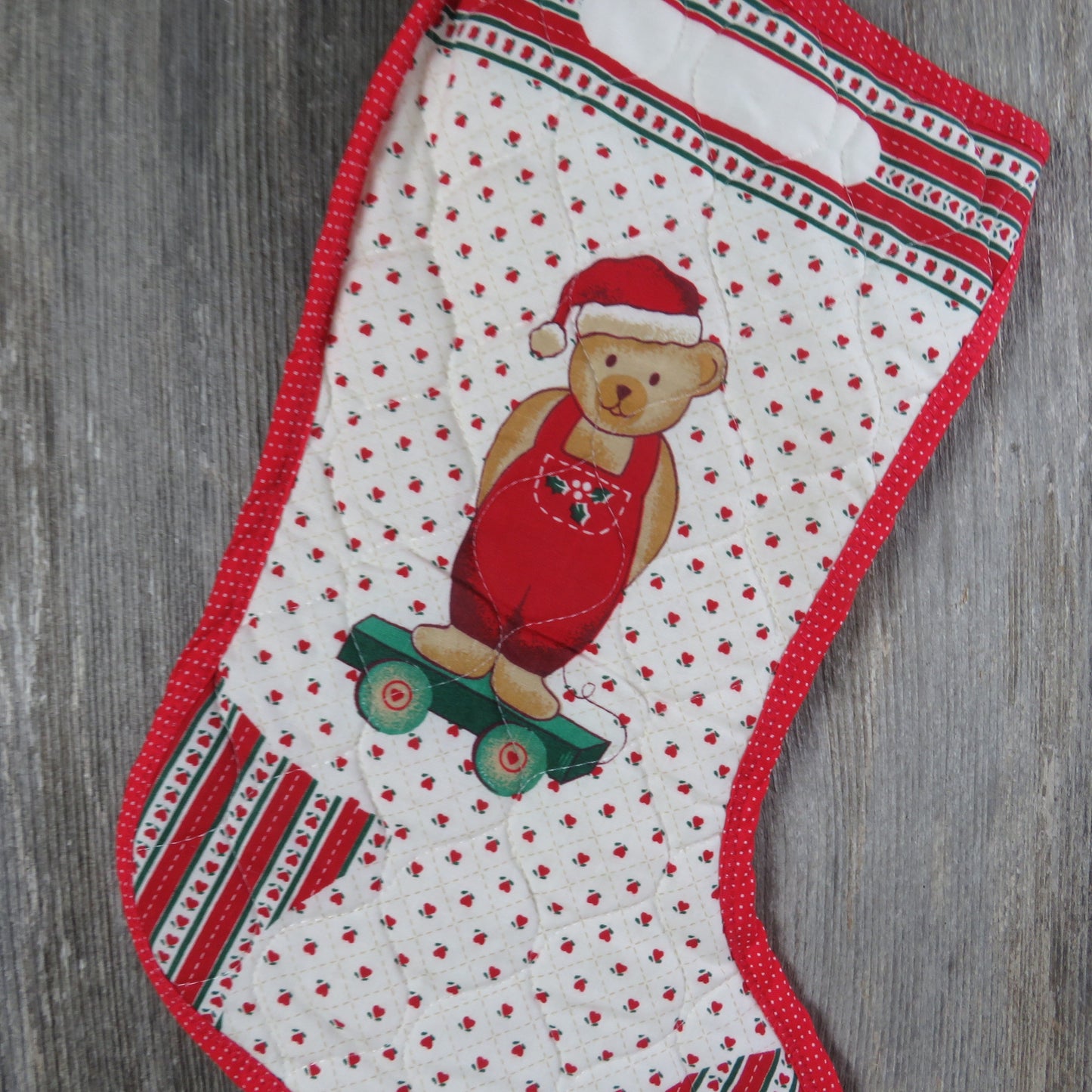 Vintage Teddy Bear on a Wagon Christmas Stocking Quilted Handmade Hearts Holly Fabric Red Green Cloth