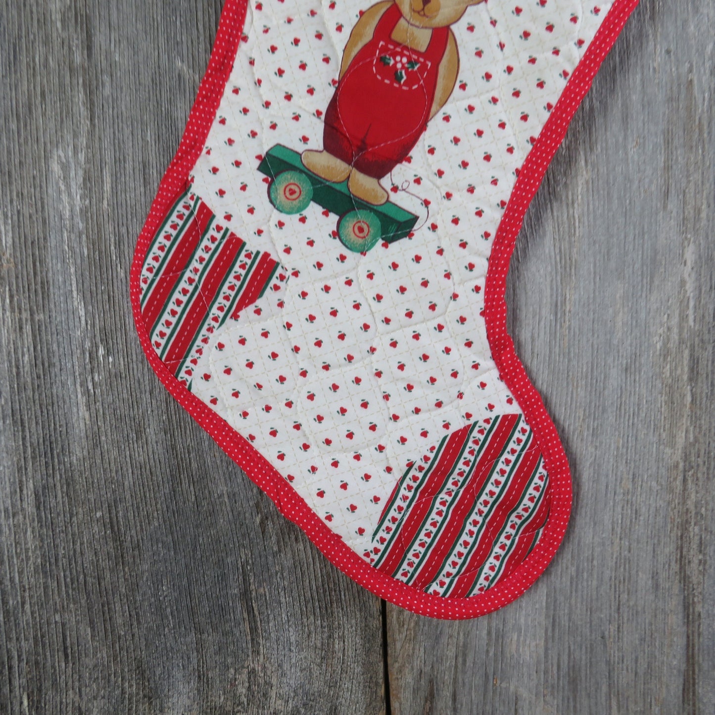 Vintage Teddy Bear on a Wagon Christmas Stocking Quilted Handmade Hearts Holly Fabric Red Green Cloth