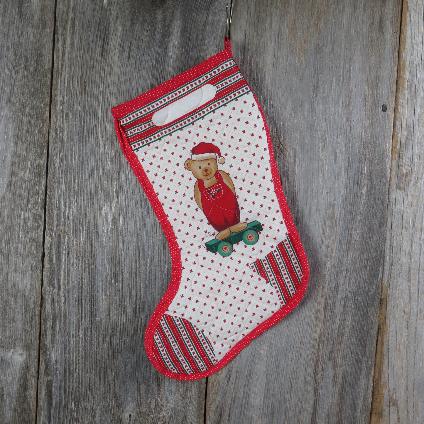 Vintage Teddy Bear on a Wagon Christmas Stocking Quilted Handmade Hearts Holly Fabric Red Green Cloth