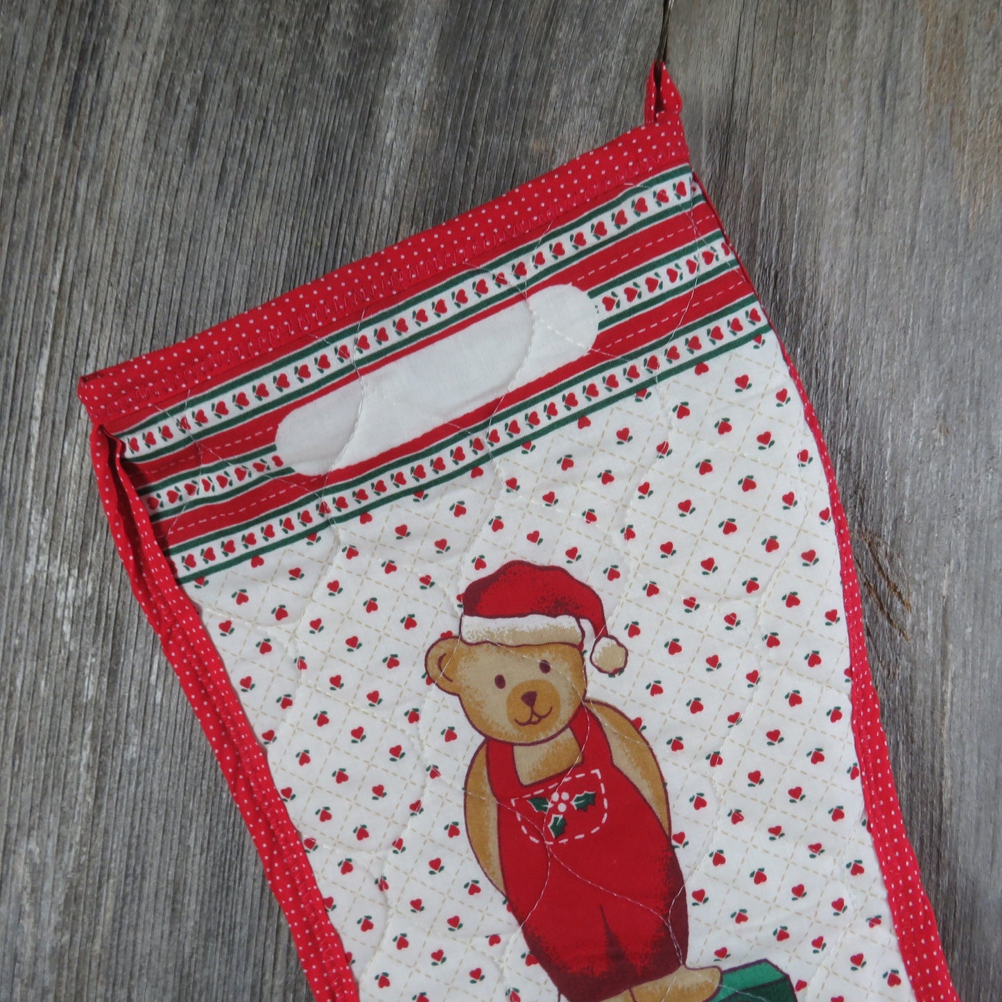 Vintage Teddy Bear on a Wagon Christmas Stocking Quilted Handmade Hearts Holly Fabric Red Green Cloth