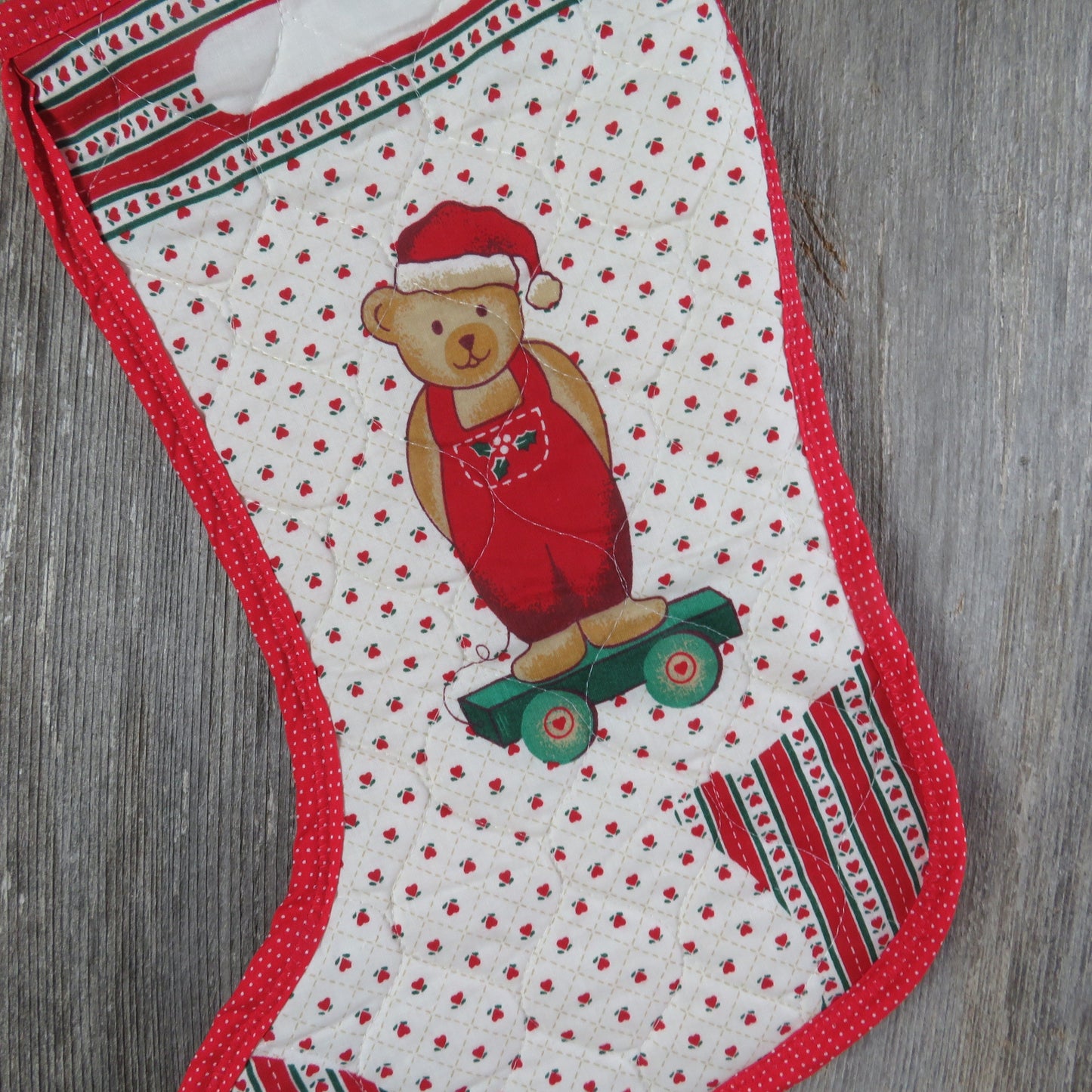 Vintage Teddy Bear on a Wagon Christmas Stocking Quilted Handmade Hearts Holly Fabric Red Green Cloth