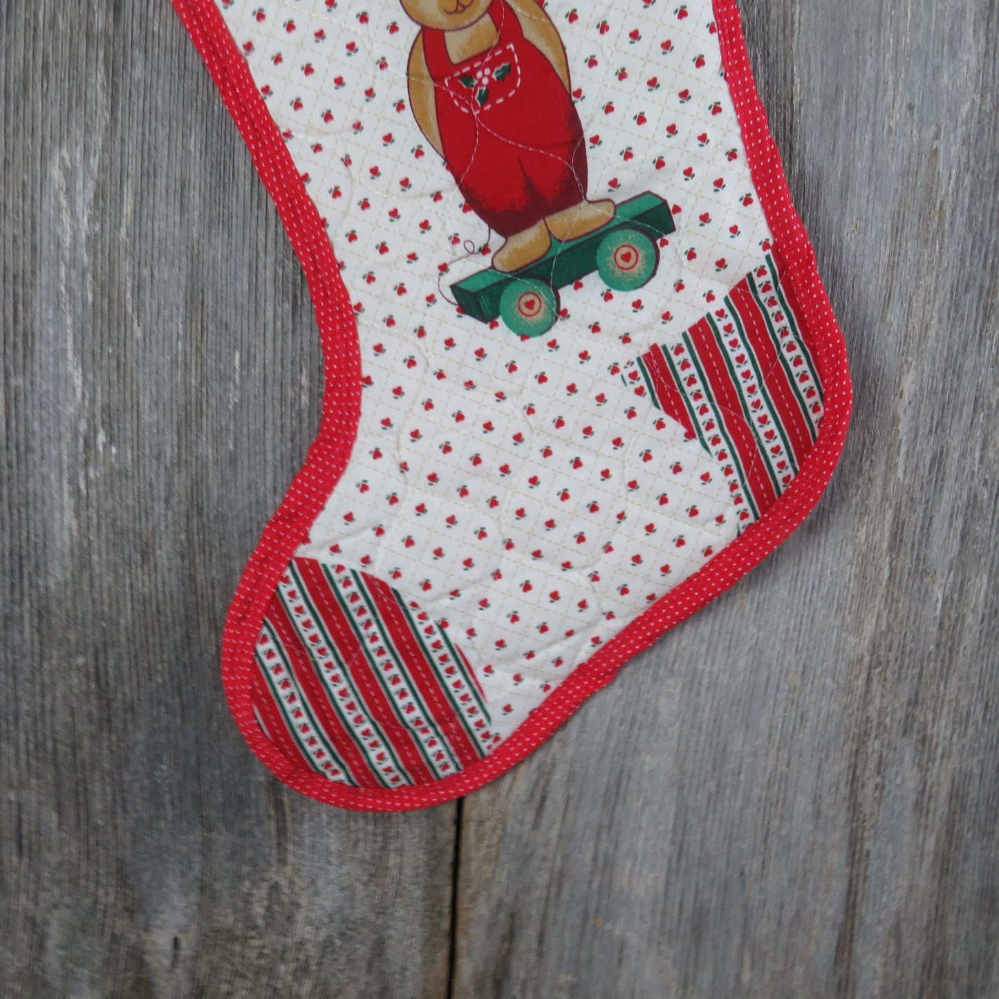 Vintage Teddy Bear on a Wagon Christmas Stocking Quilted Handmade Hearts Holly Fabric Red Green Cloth