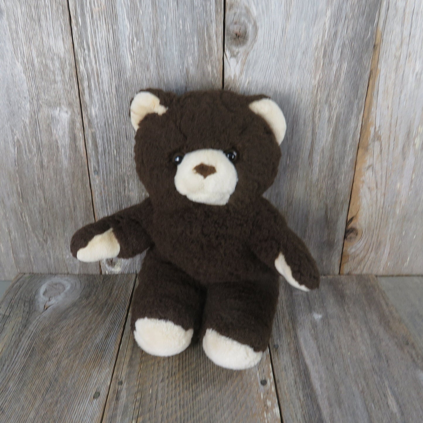 Vintage Teddy Bear Plush Dark Brown Tan Beige Stuffed Animal Glass Eyes Fuzzy Soft