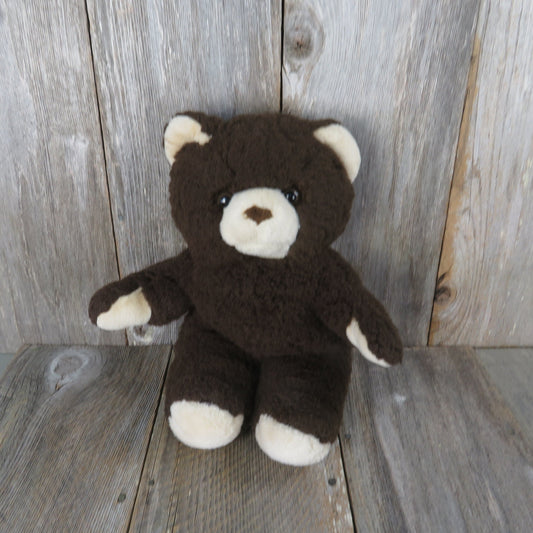 Vintage Teddy Bear Plush Dark Brown Tan Beige Stuffed Animal Glass Eyes Fuzzy Soft