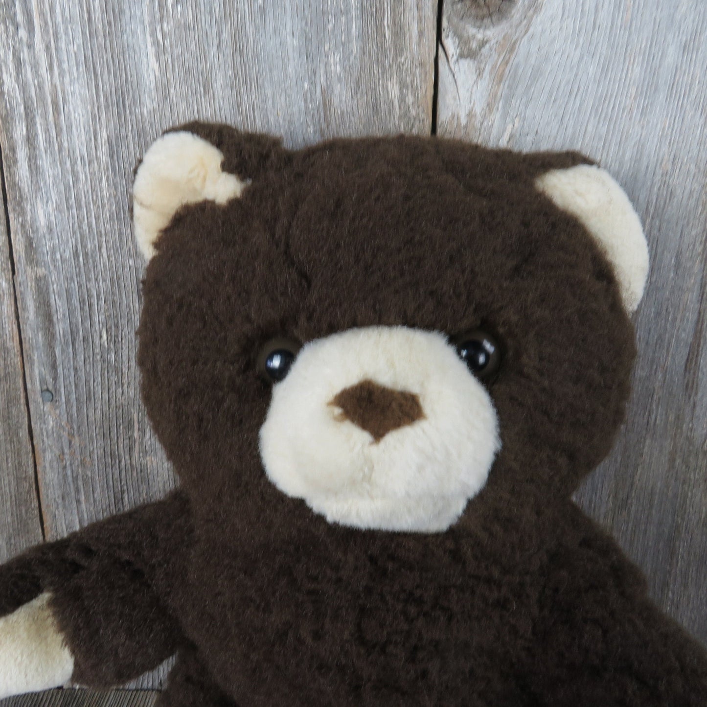 Vintage Teddy Bear Plush Dark Brown Tan Beige Stuffed Animal Glass Eyes Fuzzy Soft