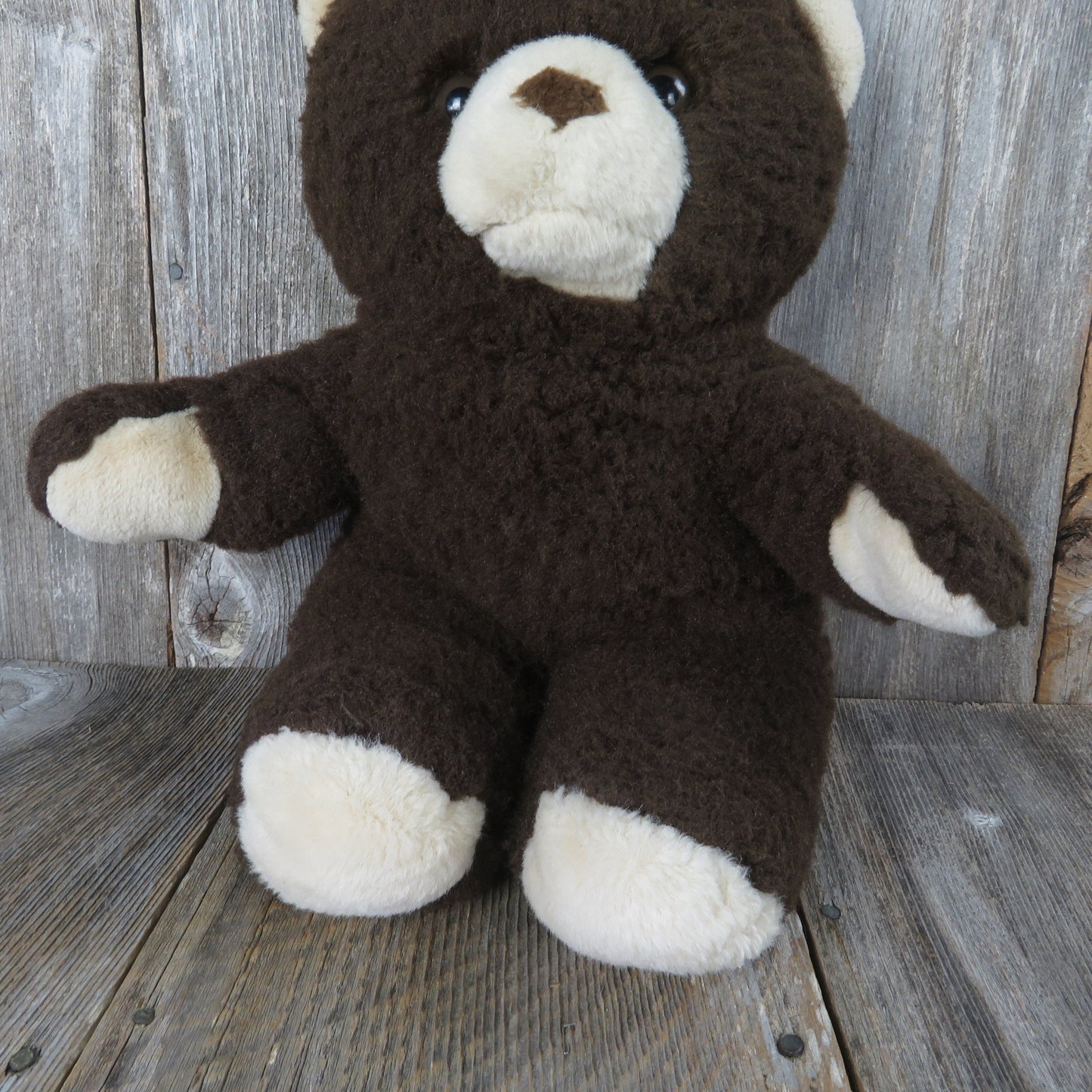 Vintage Teddy Bear Plush Dark Brown Tan Beige Stuffed Animal Glass Eyes Fuzzy Soft