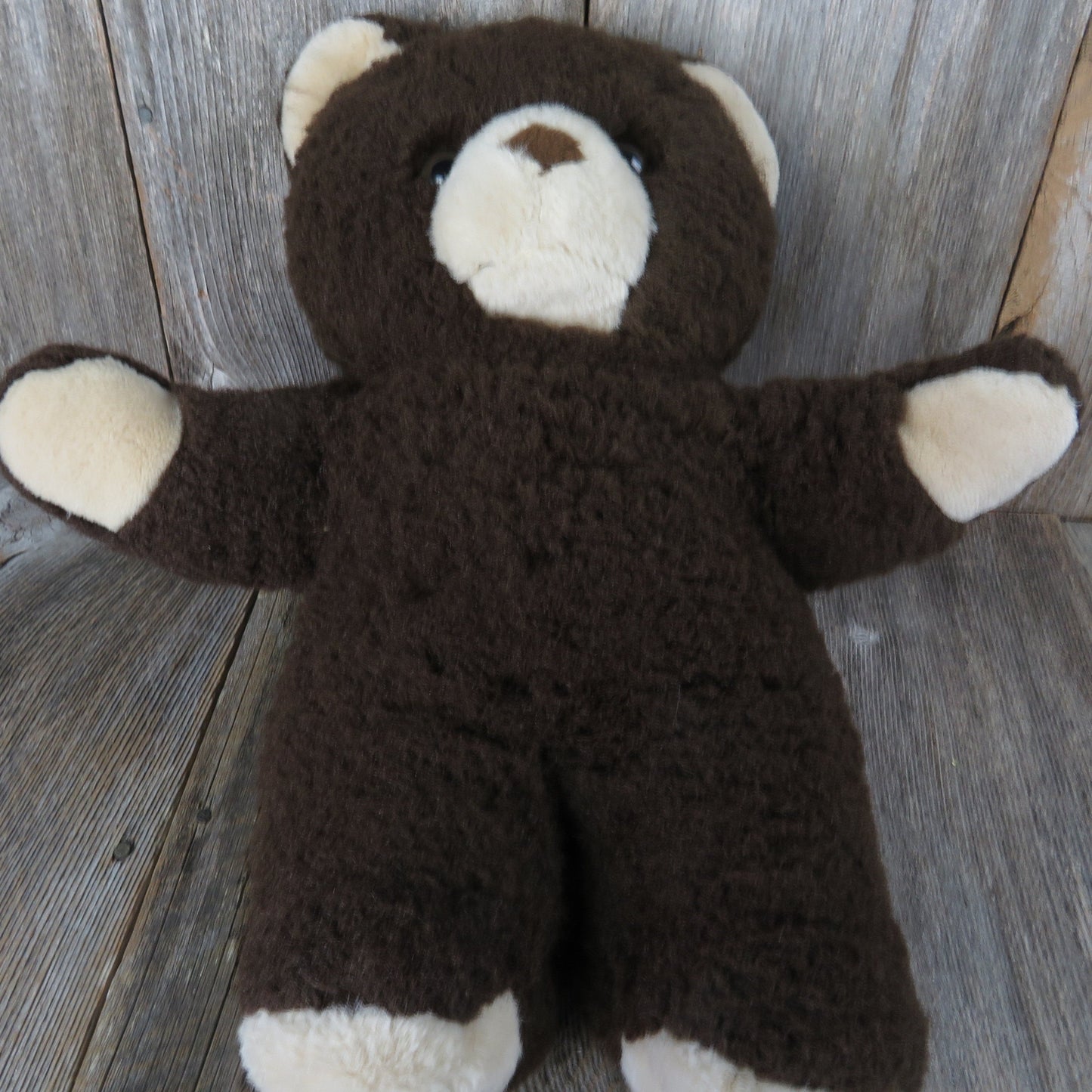 Vintage Teddy Bear Plush Dark Brown Tan Beige Stuffed Animal Glass Eyes Fuzzy Soft