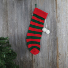 Load image into Gallery viewer, Vintage Striped Knit Stocking Kurt Adler Red Green Knitted Christmas Sock White Pom Pom 1983 st374