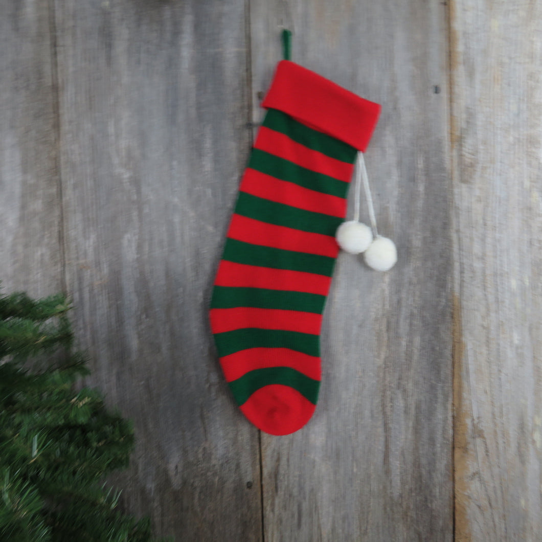 Vintage Striped Knit Stocking Kurt Adler Red Green Knitted Christmas Sock White Pom Pom 1983 st374