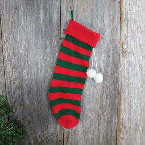 Vintage Striped Knit Stocking Kurt Adler Red Green Knitted Christmas Sock White Pom Pom 1983 st374
