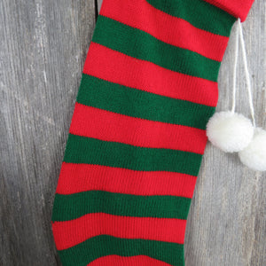 Vintage Striped Knit Stocking Kurt Adler Red Green Knitted Christmas Sock White Pom Pom 1983 st374