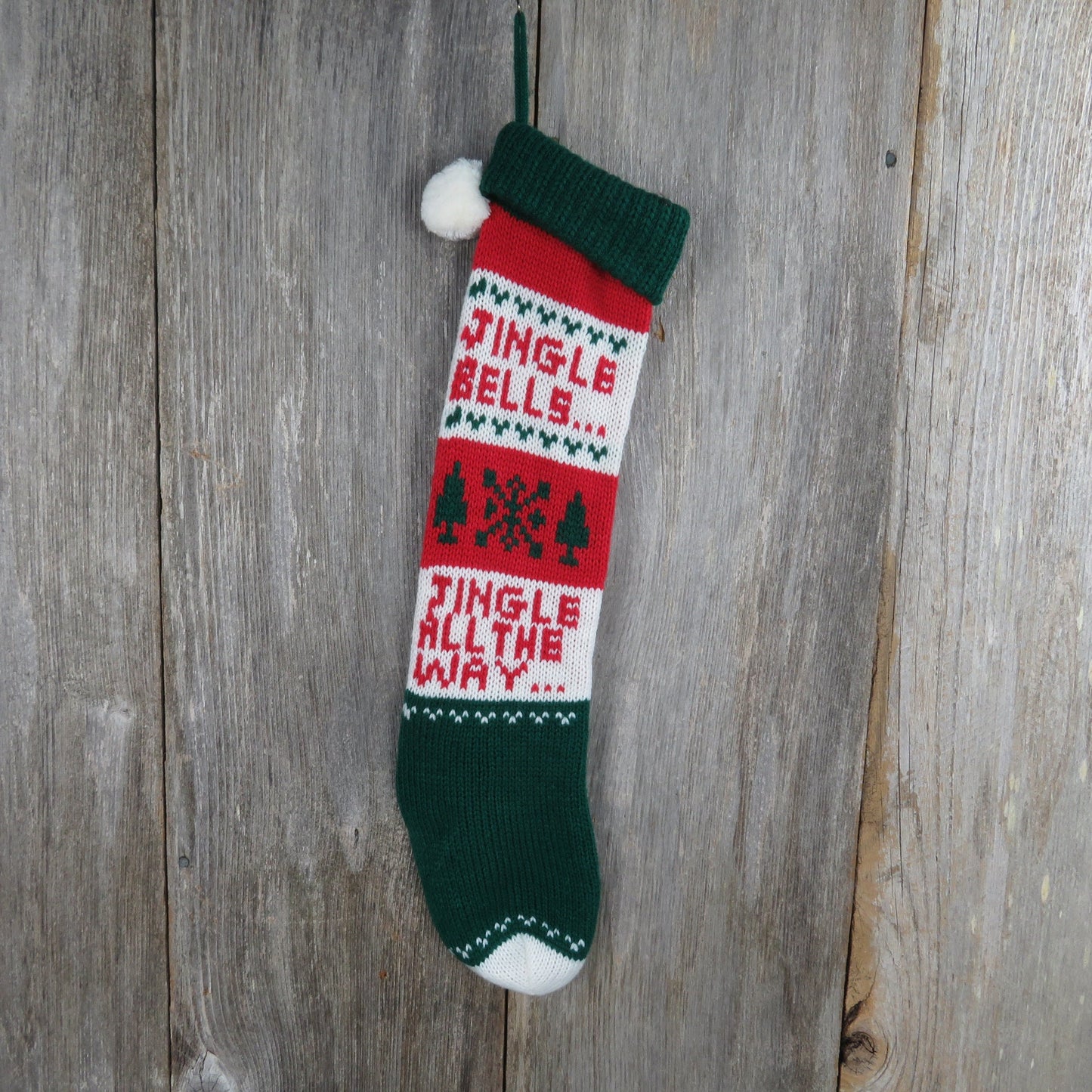 Vintage Jingle Bells  Knit Stocking Jingle All The Way Christmas Tree Snowflake Red Green White Pom Pom