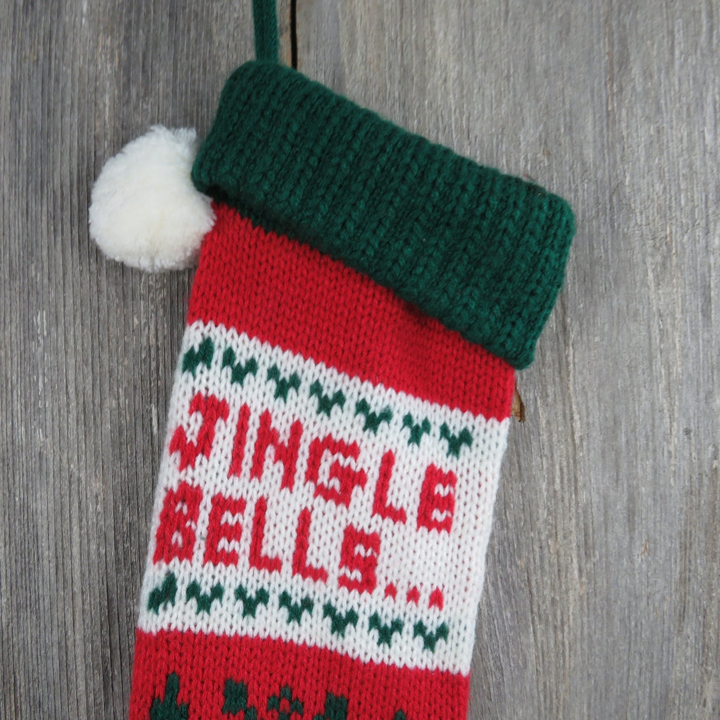 Vintage Jingle Bells  Knit Stocking Jingle All The Way Christmas Tree Snowflake Red Green White Pom Pom