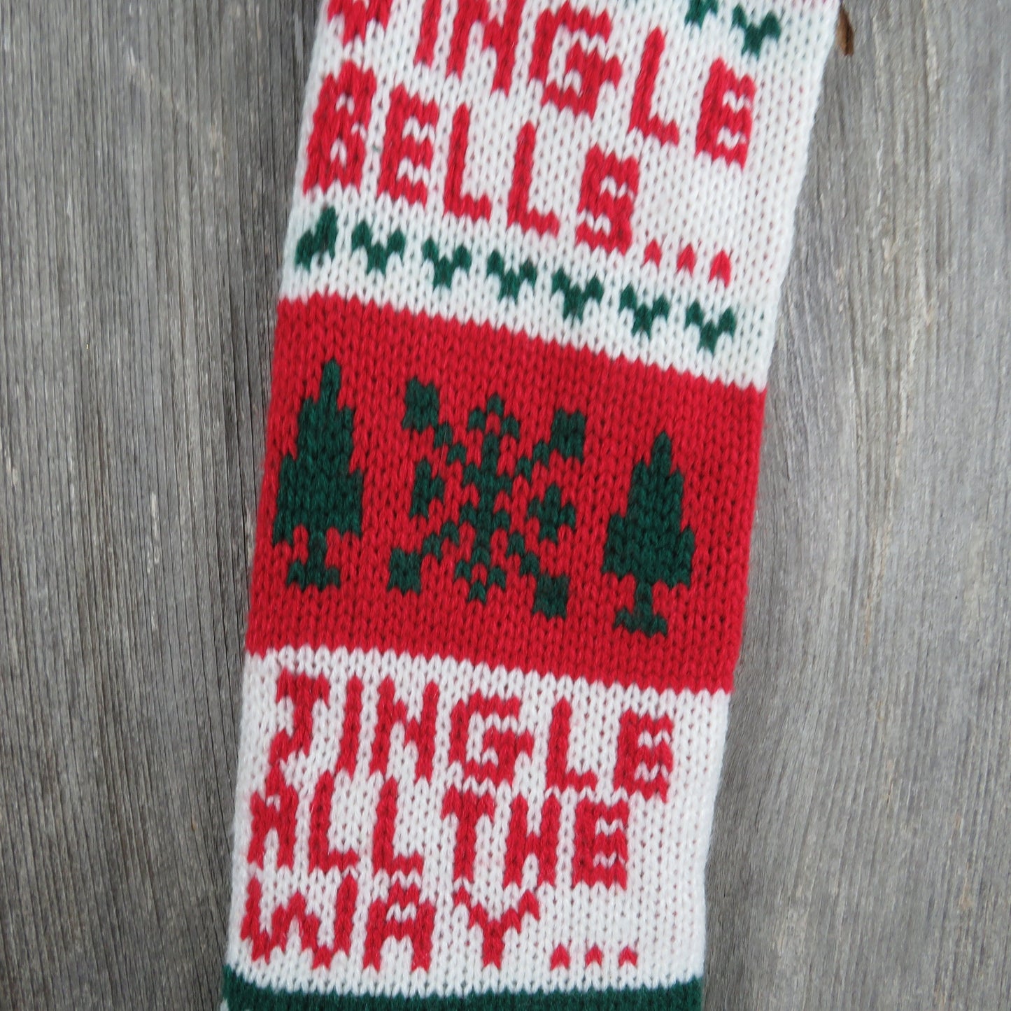 Vintage Jingle Bells  Knit Stocking Jingle All The Way Christmas Tree Snowflake Red Green White Pom Pom