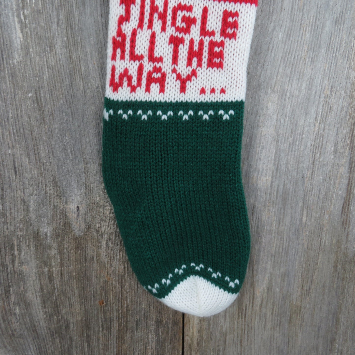 Vintage Jingle Bells  Knit Stocking Jingle All The Way Christmas Tree Snowflake Red Green White Pom Pom