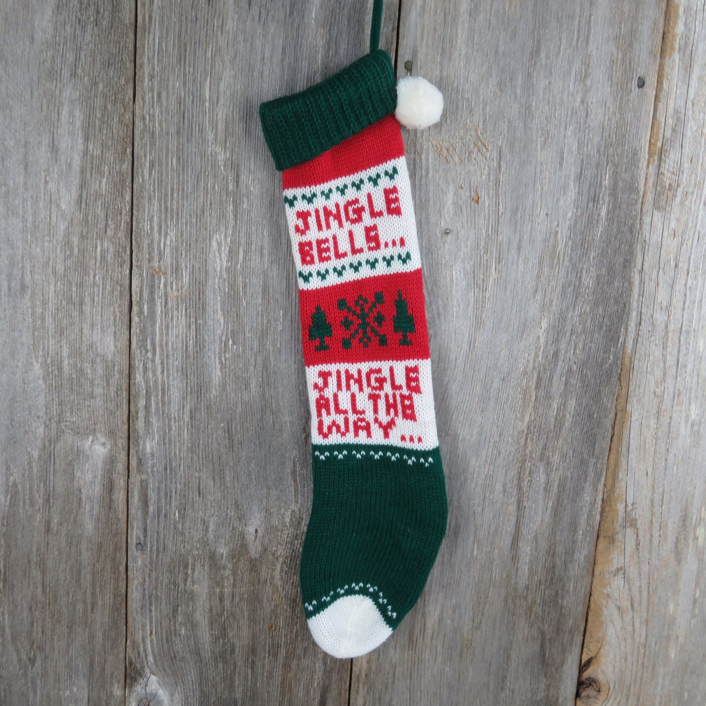 Vintage Jingle Bells  Knit Stocking Jingle All The Way Christmas Tree Snowflake Red Green White Pom Pom