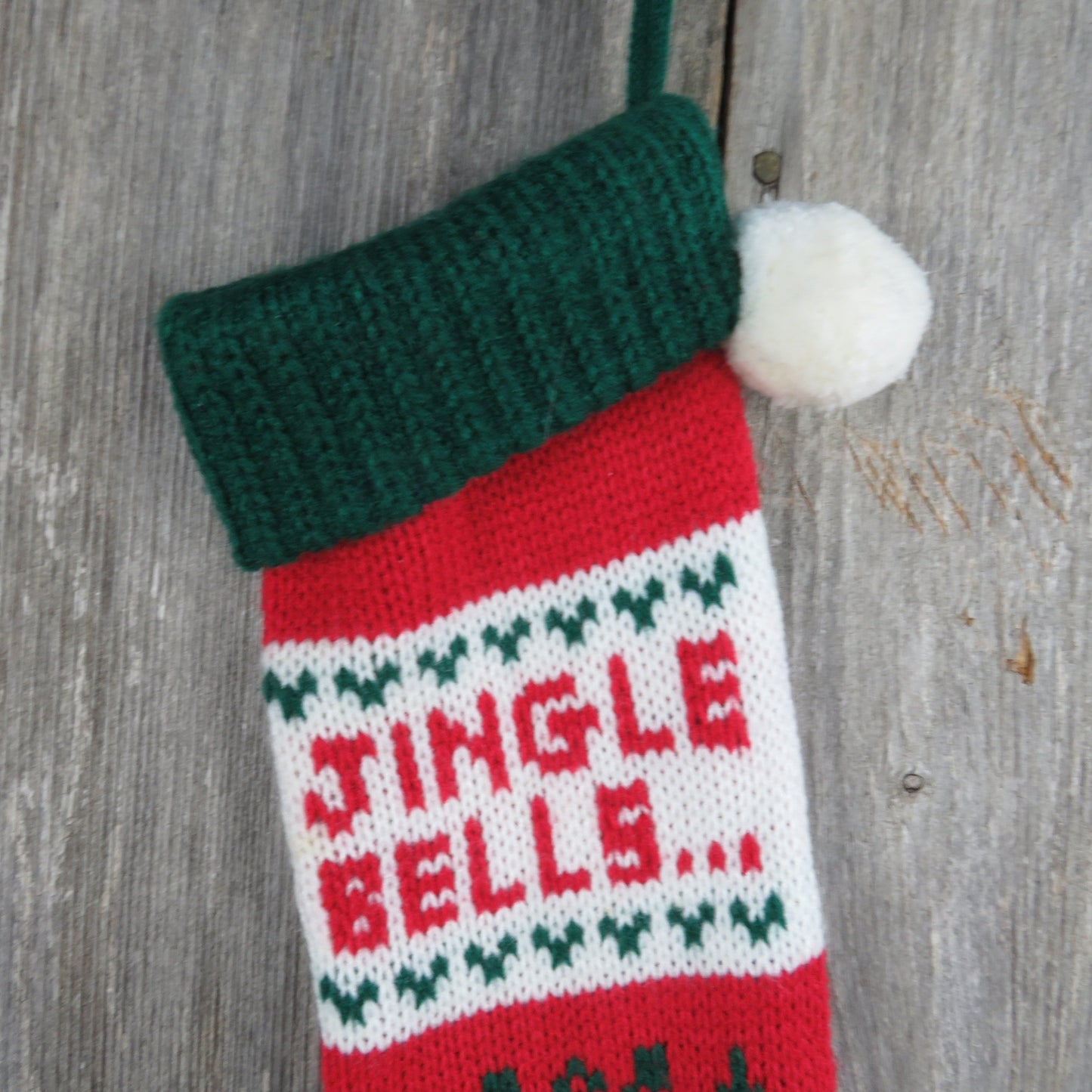 Vintage Jingle Bells  Knit Stocking Jingle All The Way Christmas Tree Snowflake Red Green White Pom Pom