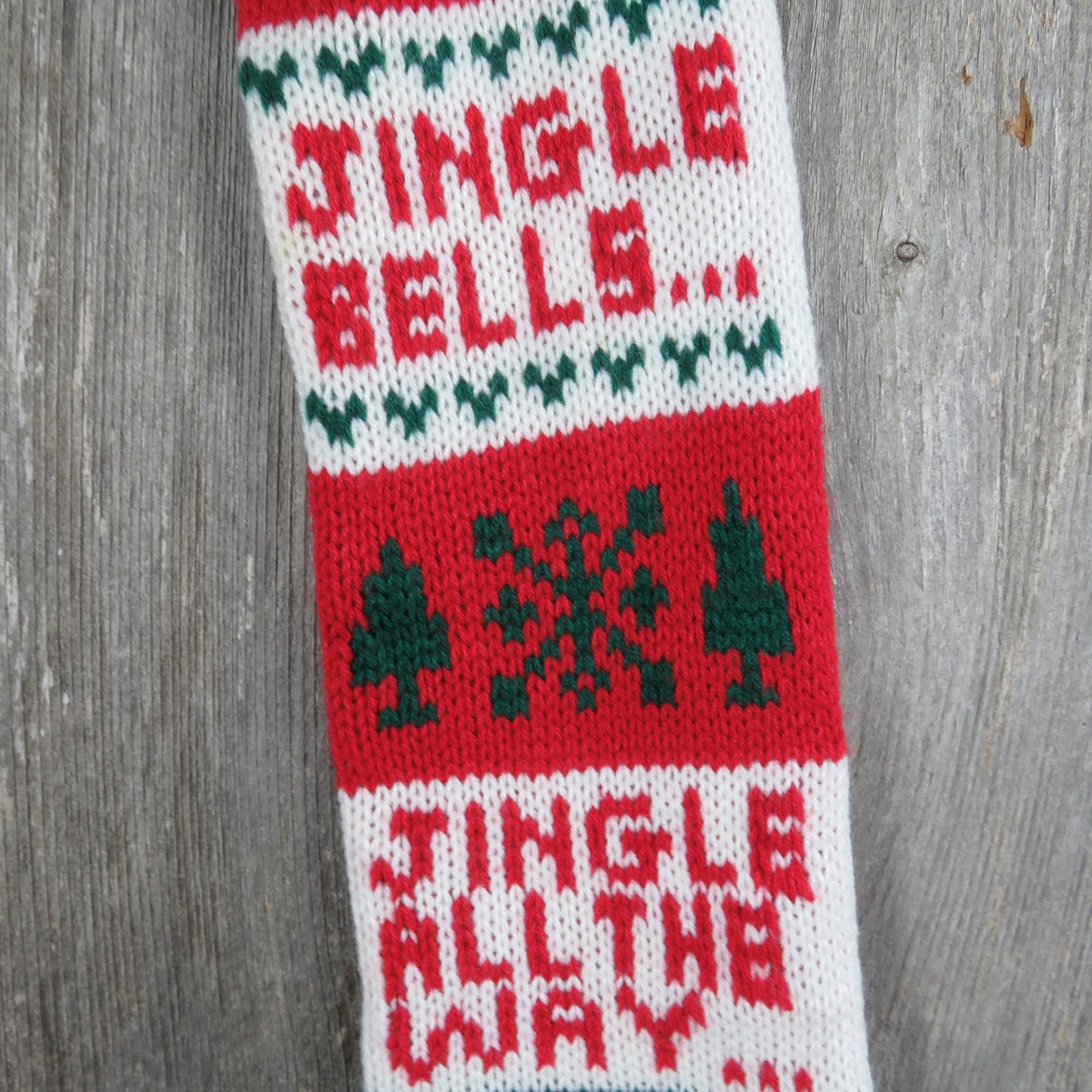 Vintage Jingle Bells  Knit Stocking Jingle All The Way Christmas Tree Snowflake Red Green White Pom Pom