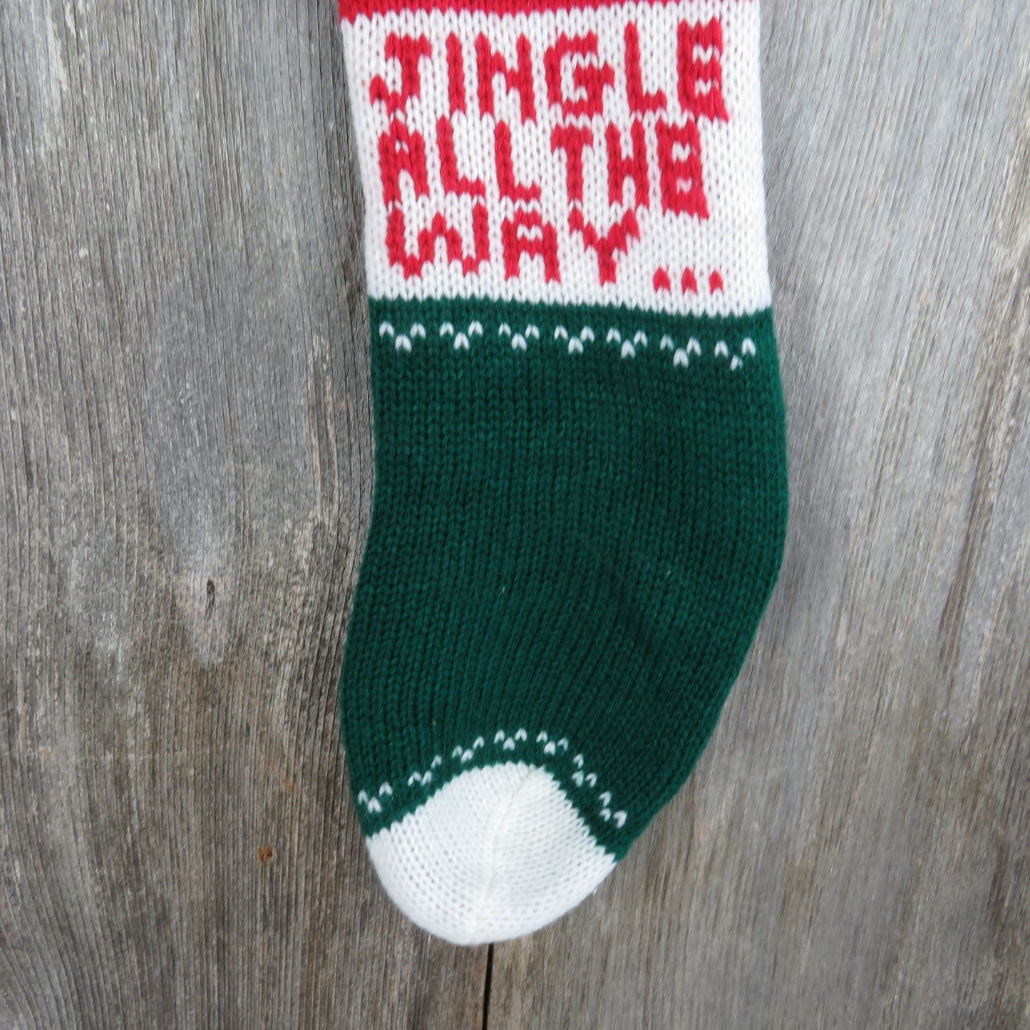 Vintage Jingle Bells  Knit Stocking Jingle All The Way Christmas Tree Snowflake Red Green White Pom Pom