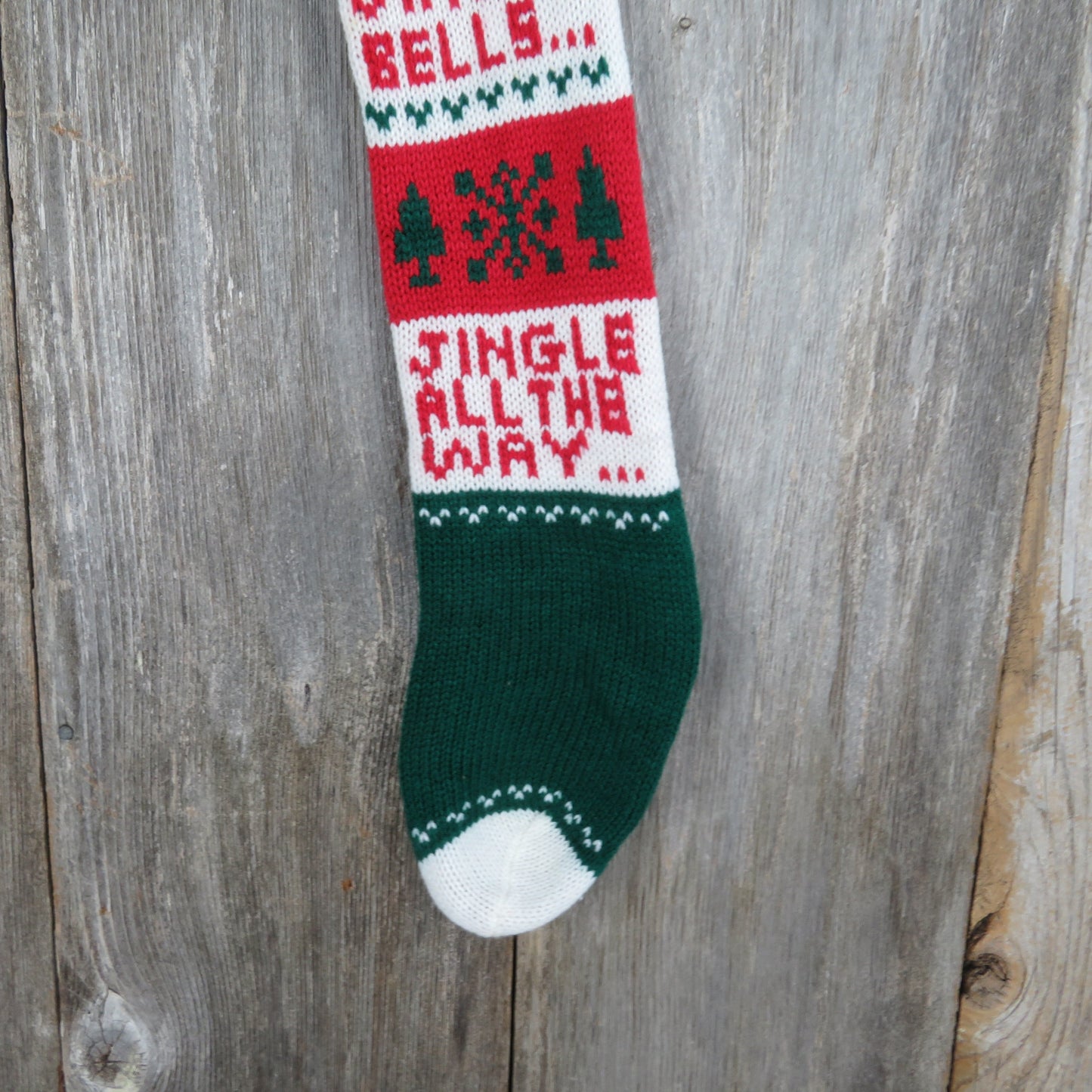 Vintage Jingle Bells  Knit Stocking Jingle All The Way Christmas Tree Snowflake Red Green White Pom Pom