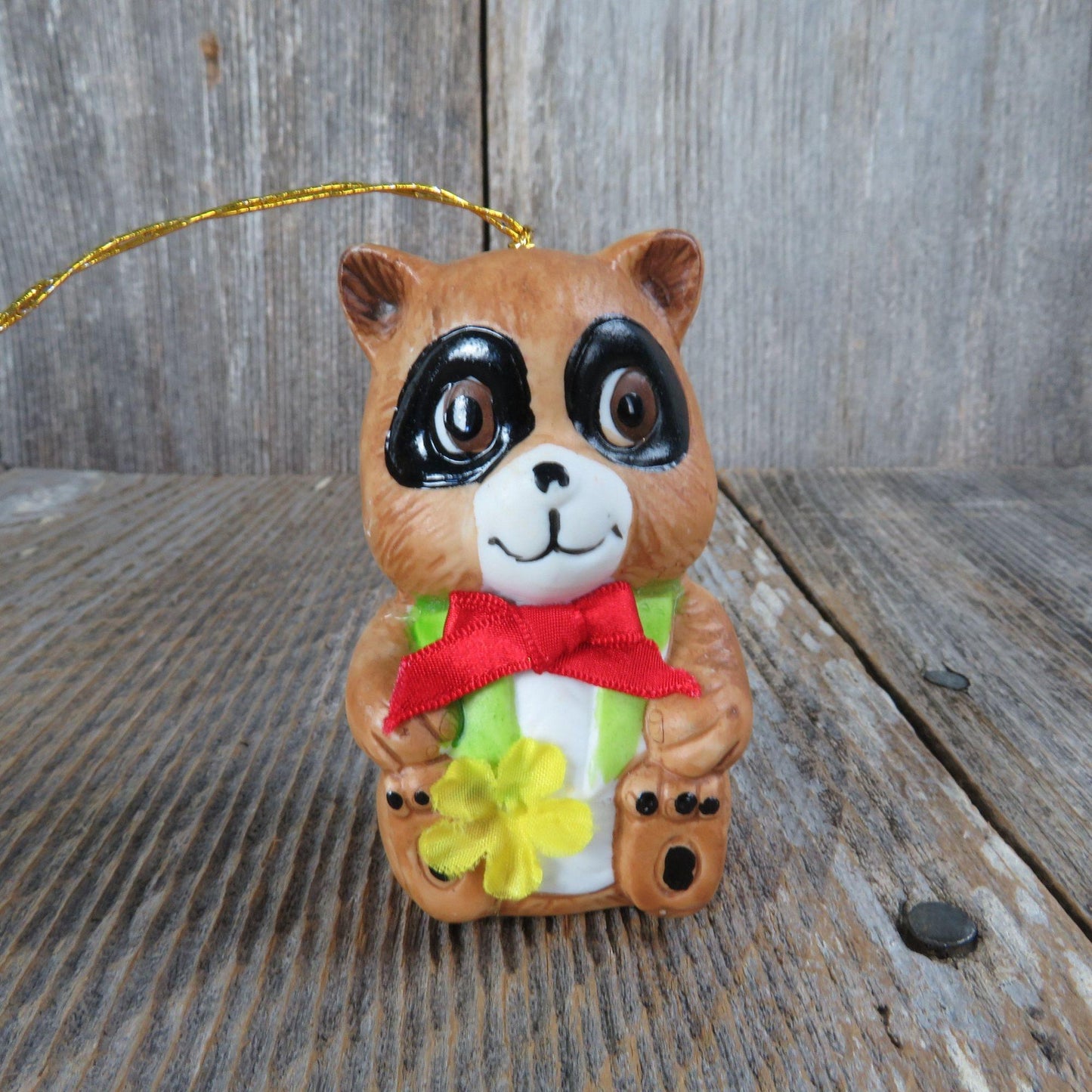 Vintage Raccoon Bell Ornament Christmas Giftco Ceramic Porcelain Taiwan Flower Bow