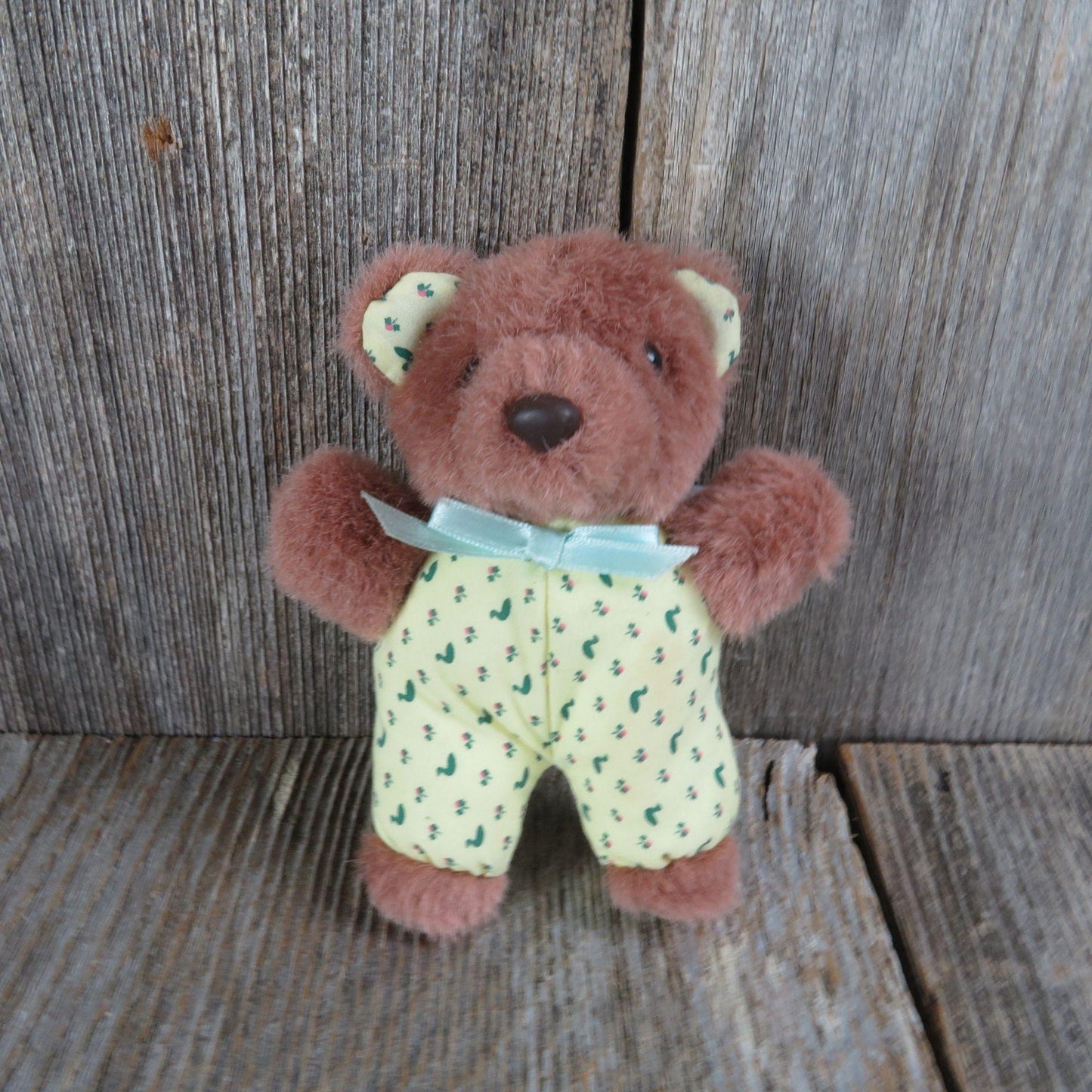 Vintage Mini Bear Plush Brown Fabric Body Yellow Flowers Stuffed Animal Dan Dee