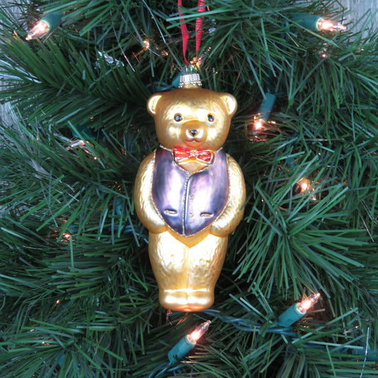 Vintage Teddy Bear Glass Painted Ornament Purple Vest Red Bow Tie Krebs Germany K Glitter Tree