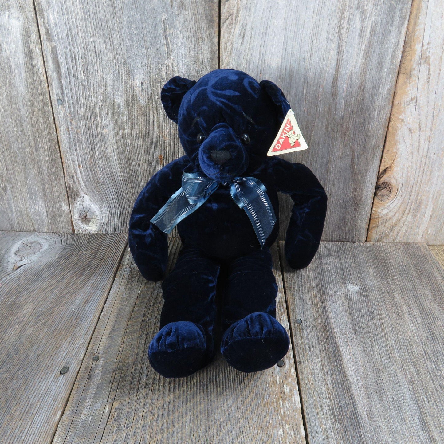 Vintage Embossed Velvet Blue Bear Plush Ribbon Long Legs Dakin Applause Stuffed Animal